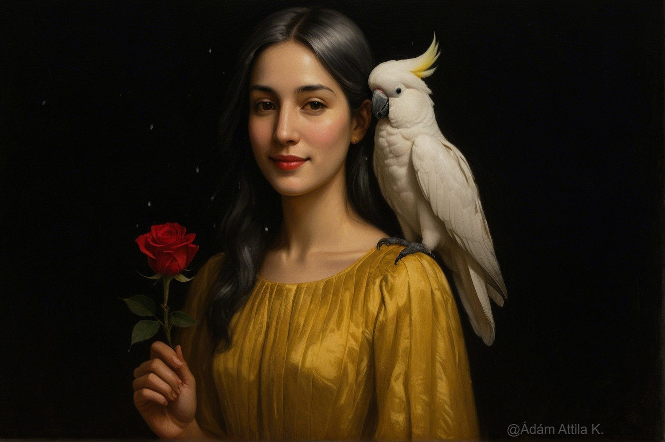 Portrait of a Young Woman with Rose and Cockatoo