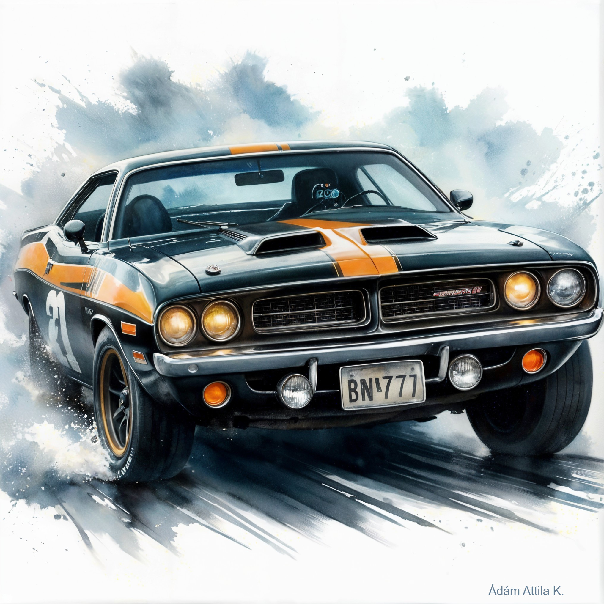 Dynamic Illustration of Classic Muscle Car in Motion