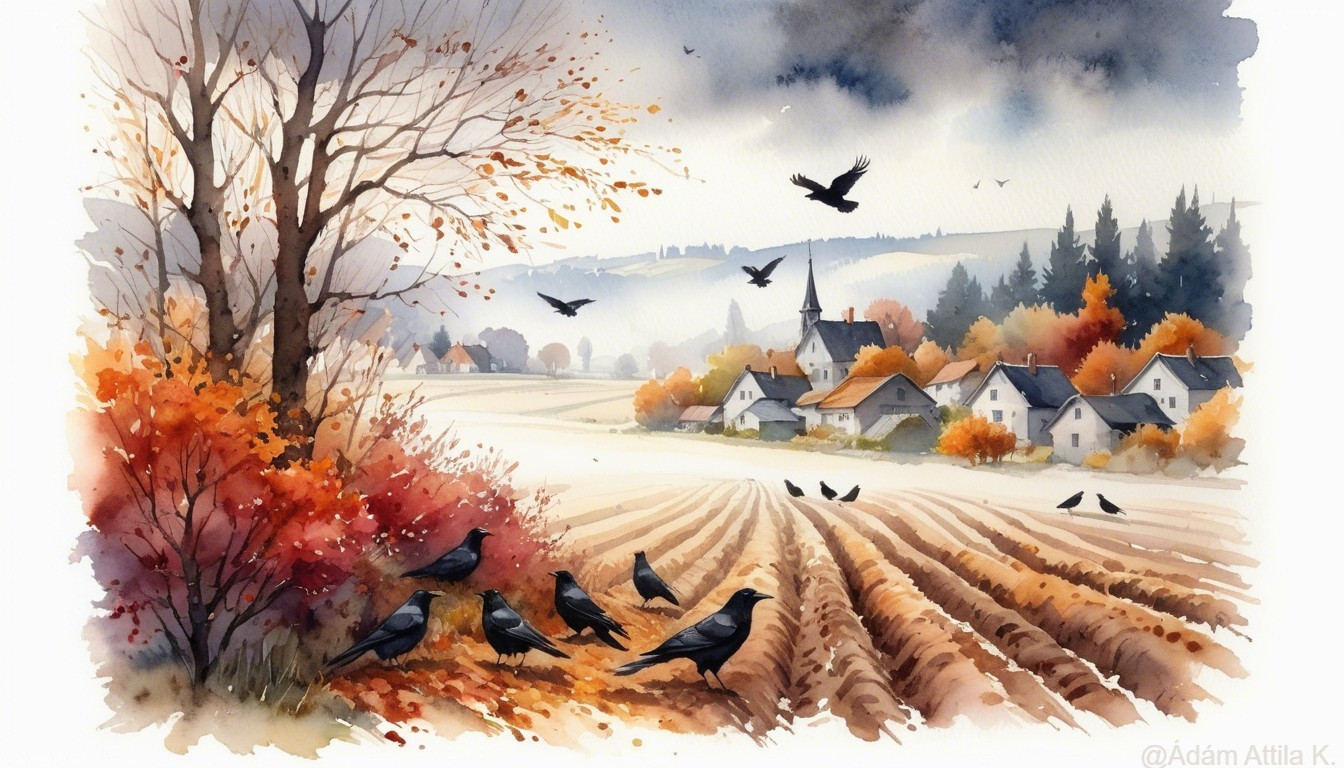 Autumn Landscape with Foliage and Silhouetted Crows