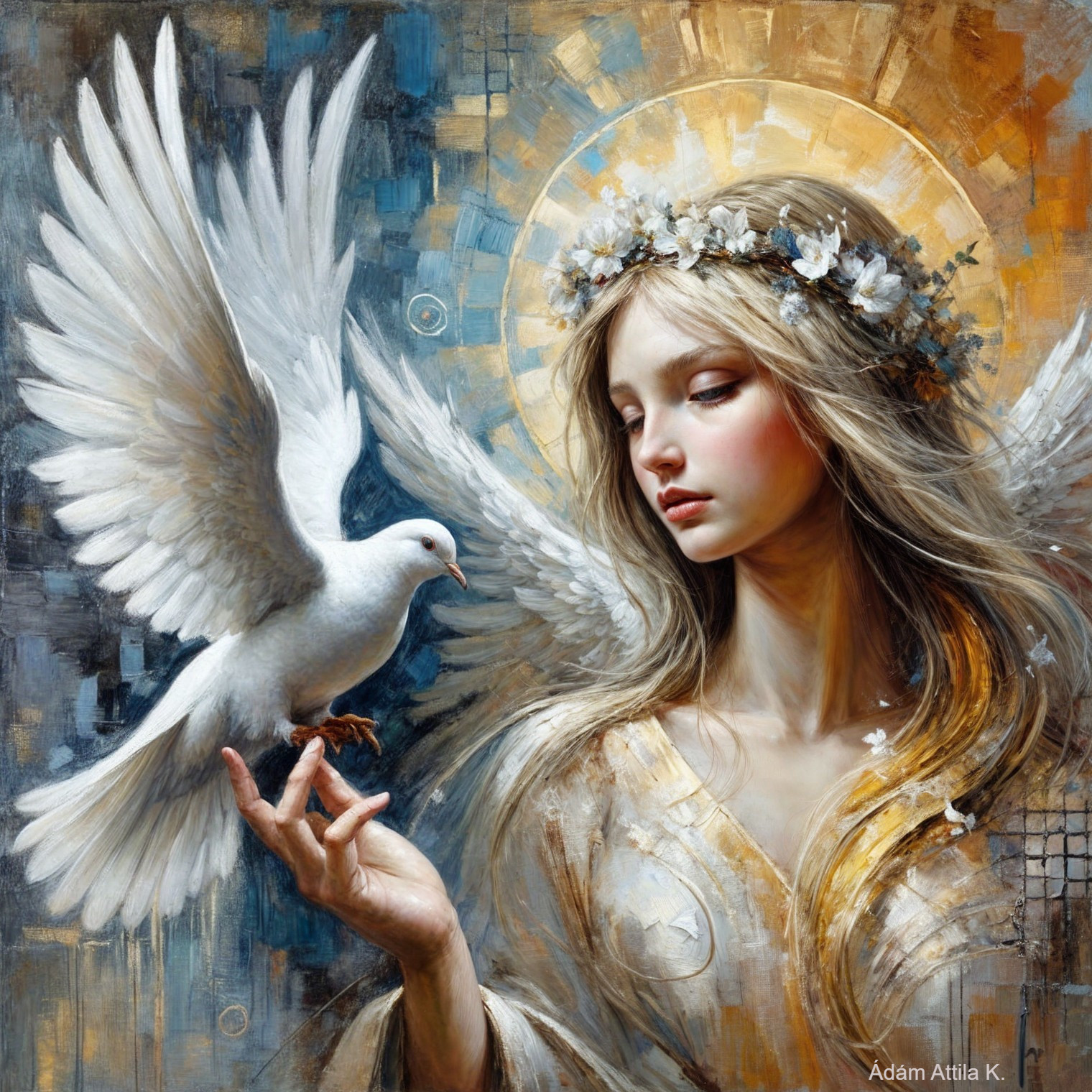 Serene Woman with Dove in Ethereal Floral Scene