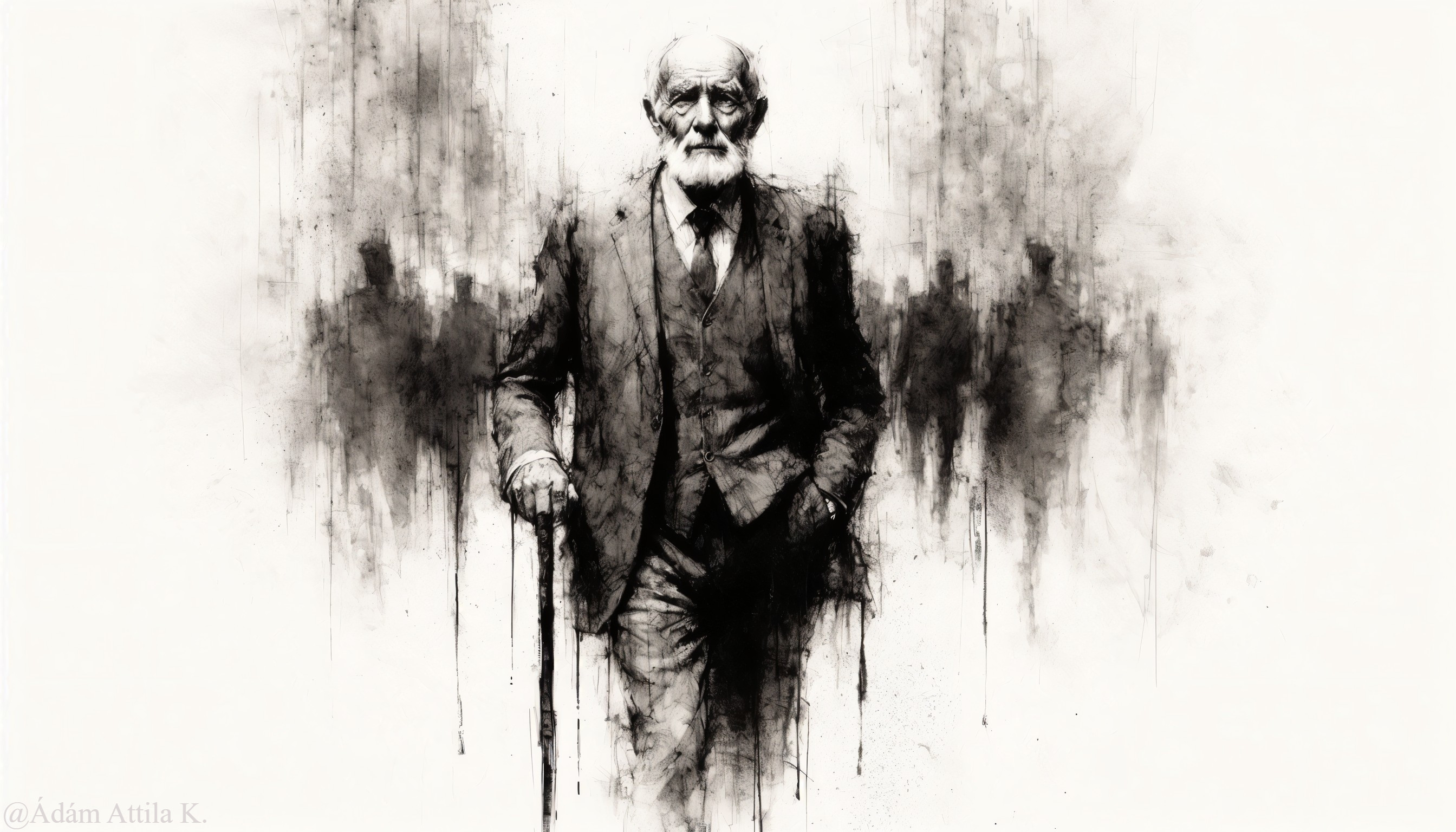 Elderly Man in Suit Walking with Cane and Abstract Background