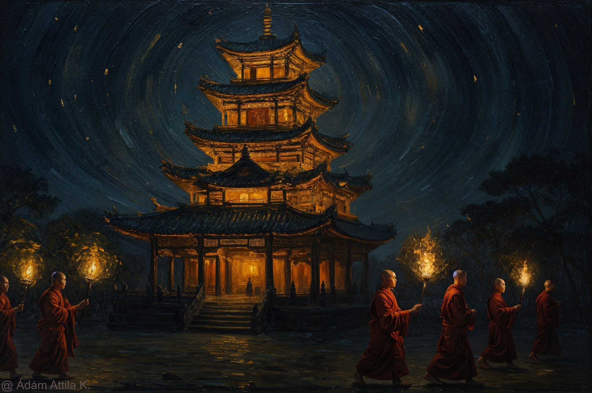 Serene Night Scene with Pagoda and Monks Procession