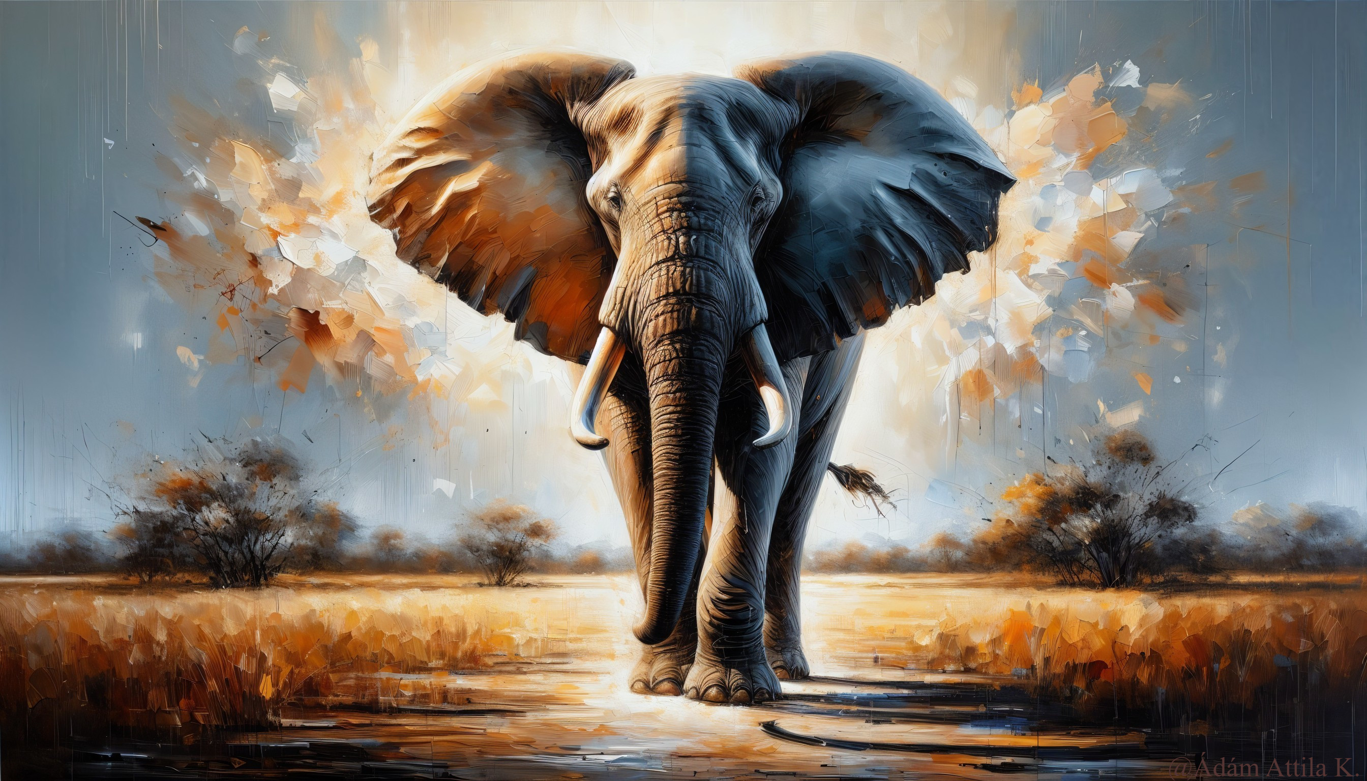 Elephant in Golden Savanna Landscape with Abstract Background