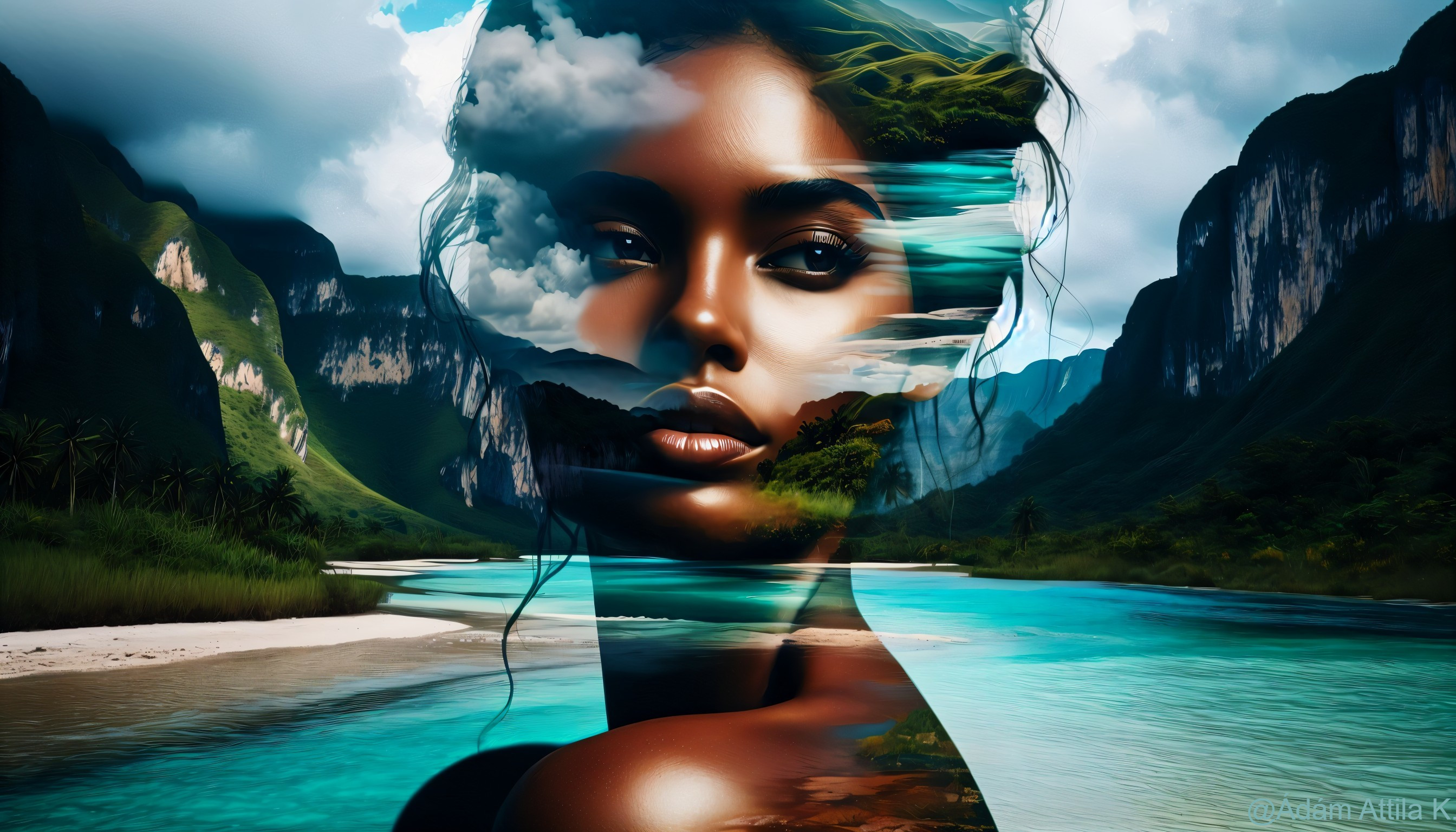 Double Exposure of Woman's Face with Scenic Landscape