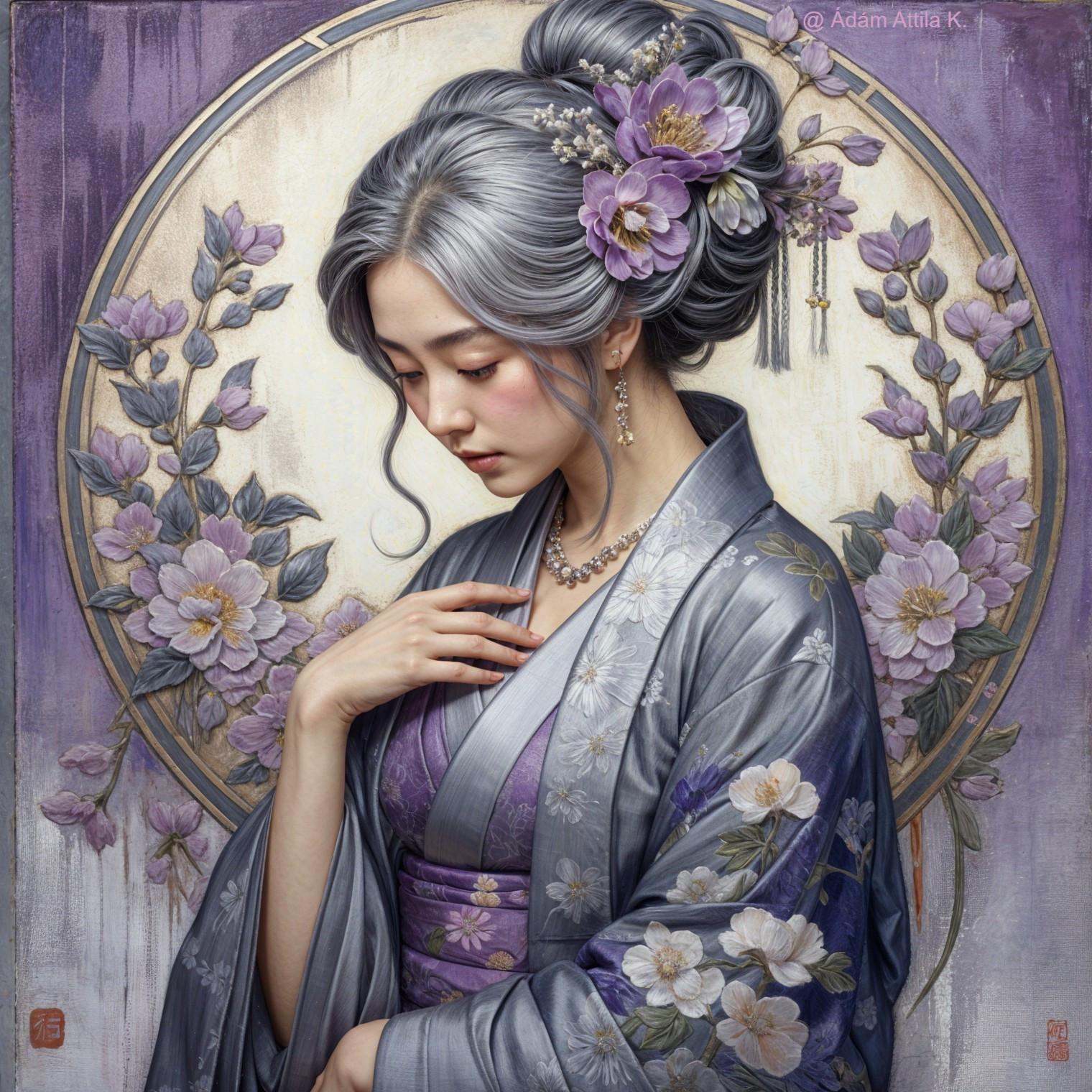 Serene Portrait of Woman in Floral Kimono Design