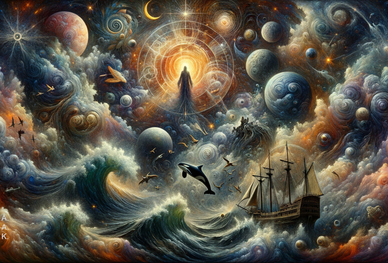 Surreal cosmic scene with galaxies and ocean elements
