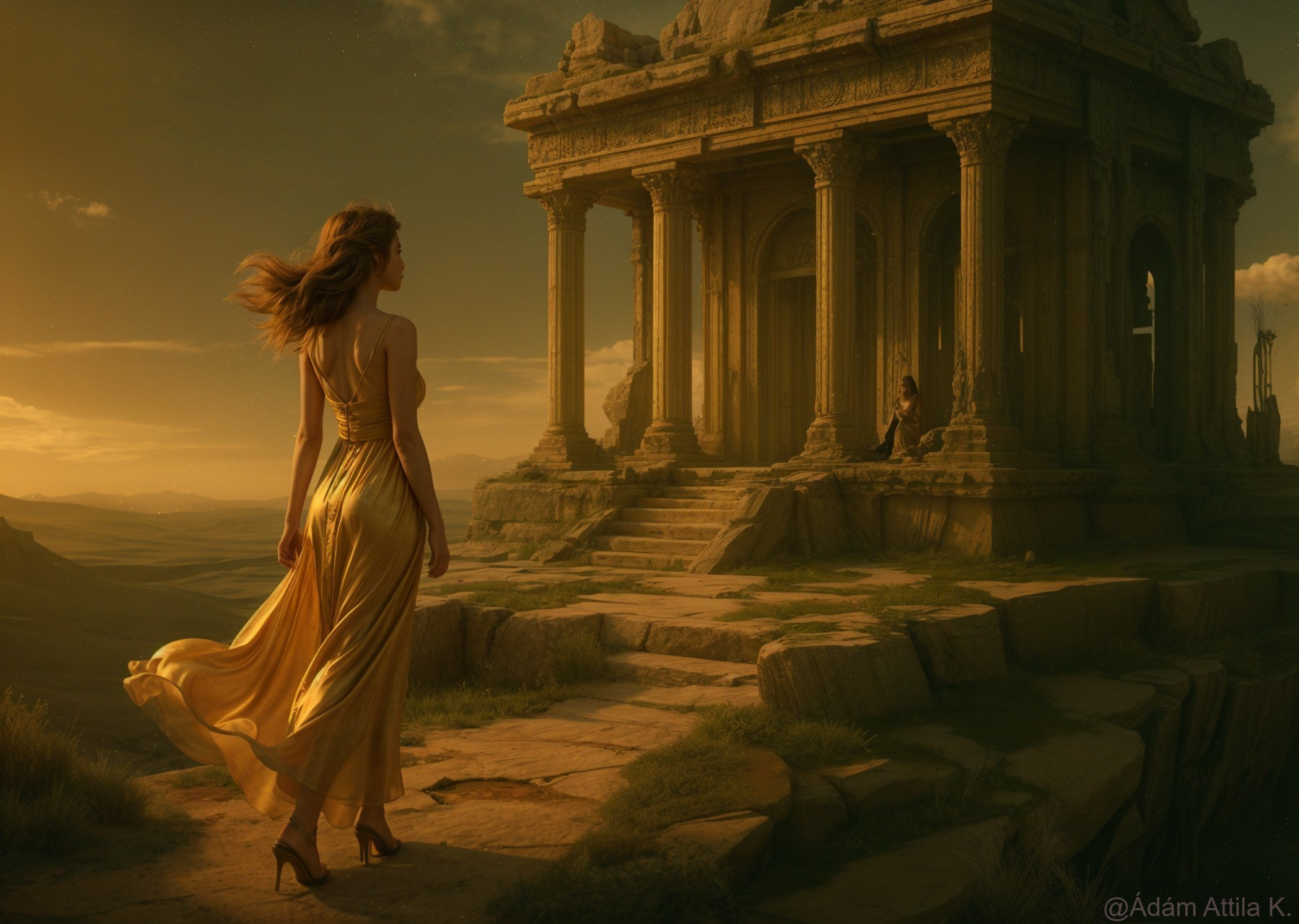 Woman in Golden Gown at Ancient Temple Steps
