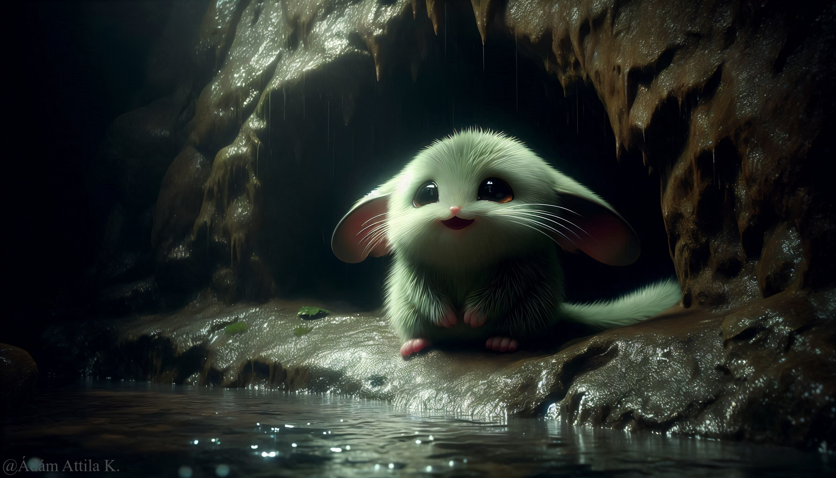 Furry Creature in Dimly Lit Cave by Glistening Puddle