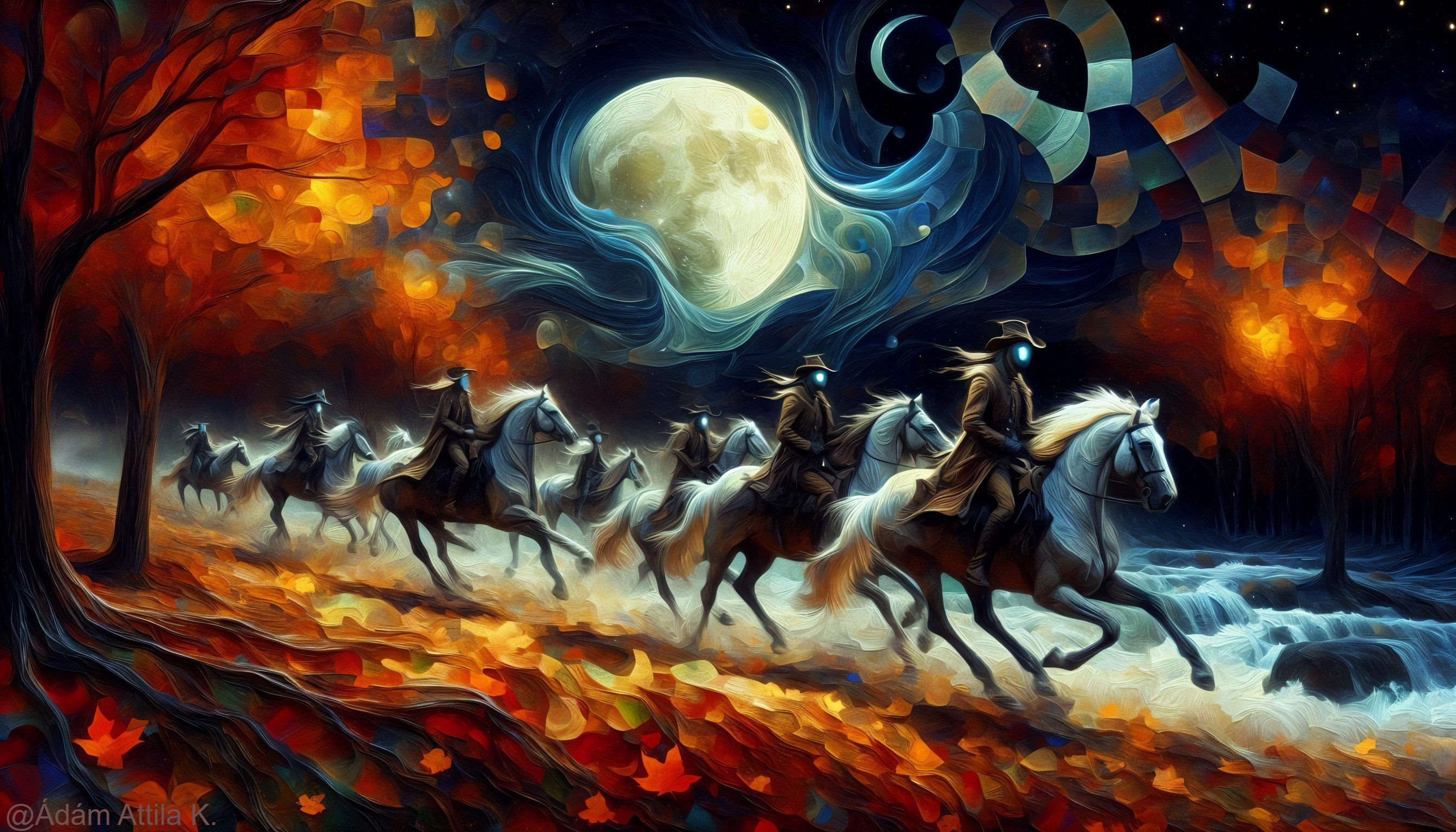 Spectral Riders in an Autumn Landscape Under Moonlight