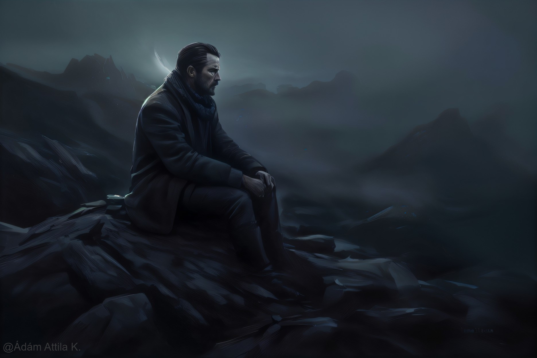 Digital painting of a disheartened man seated on a rock