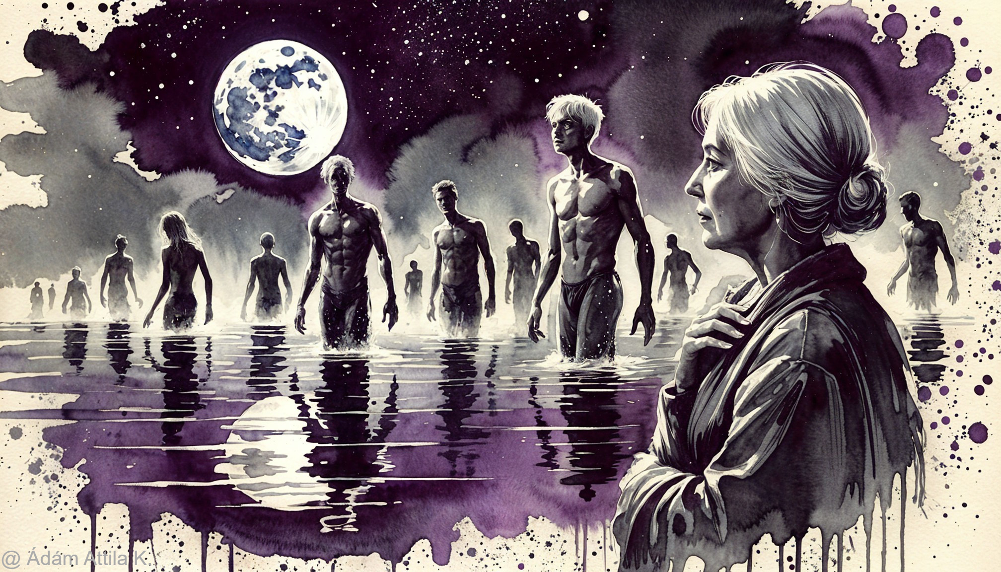 Elderly Woman by Reflective Water Under Full Moon