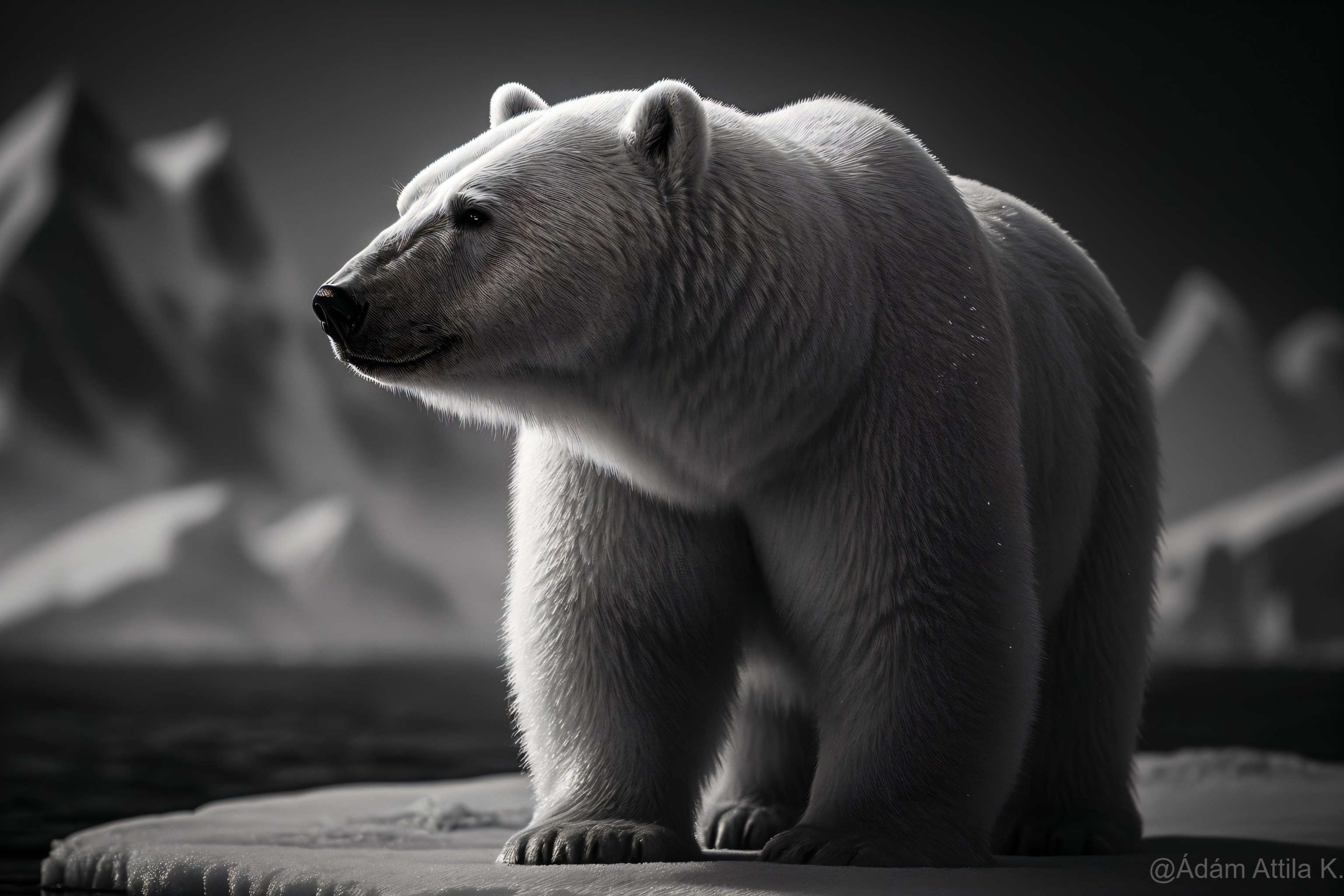 Polar bear on drifting ice floe in Arctic landscape