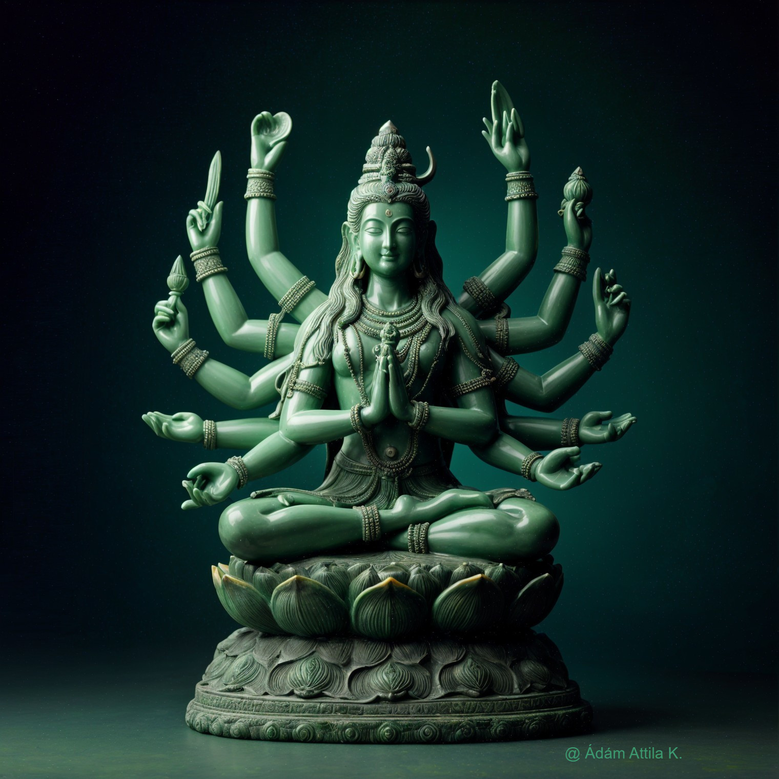 Green Multi-Armed Deity Statue in Lotus Position