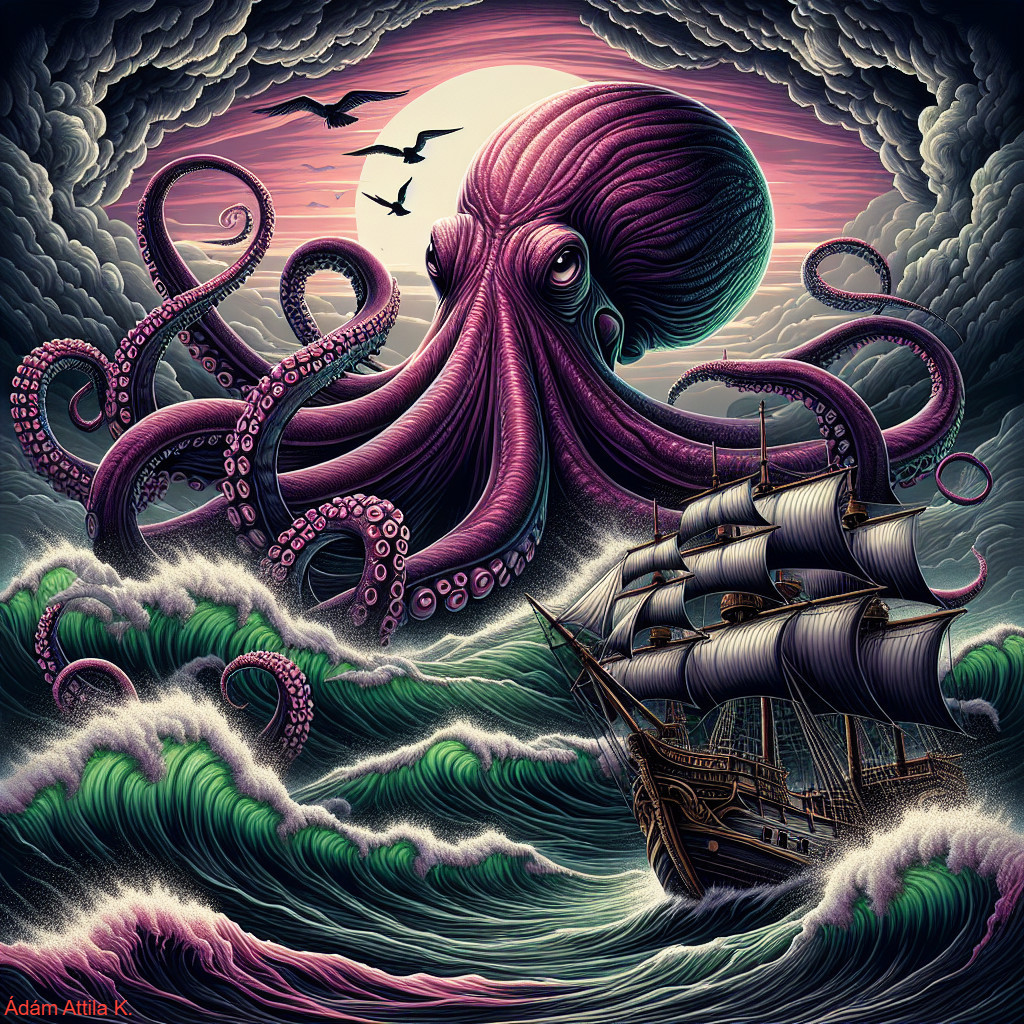 Surreal Scene of a Purple Octopus and Sailing Ship