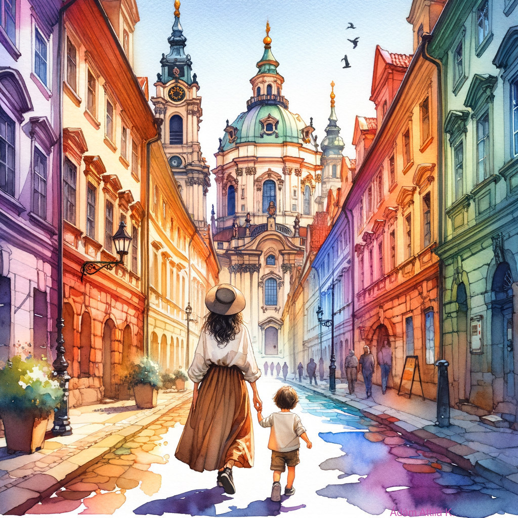 Woman and child in vibrant historic city street