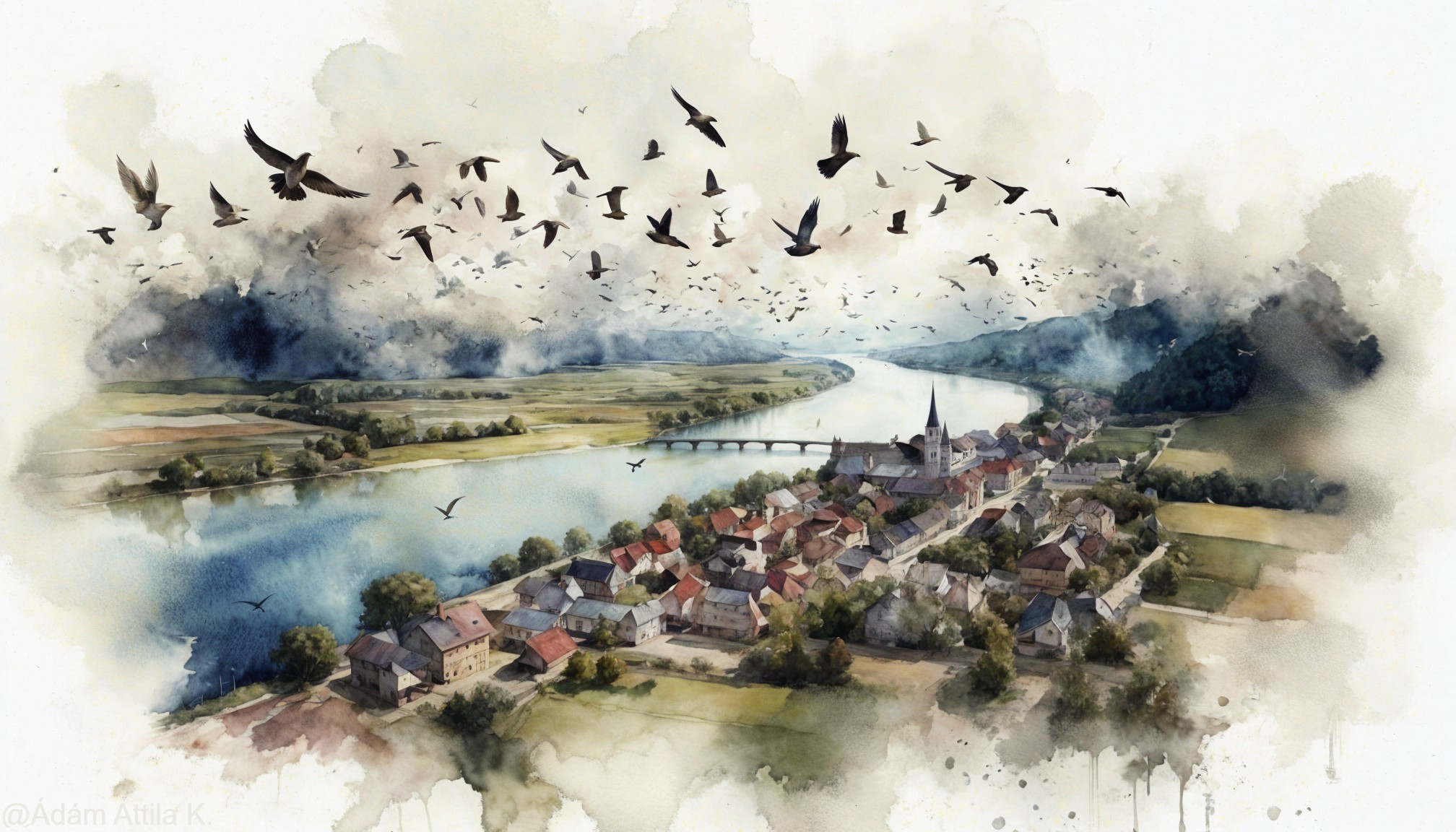 Aerial View of a Quaint Village by a Winding River