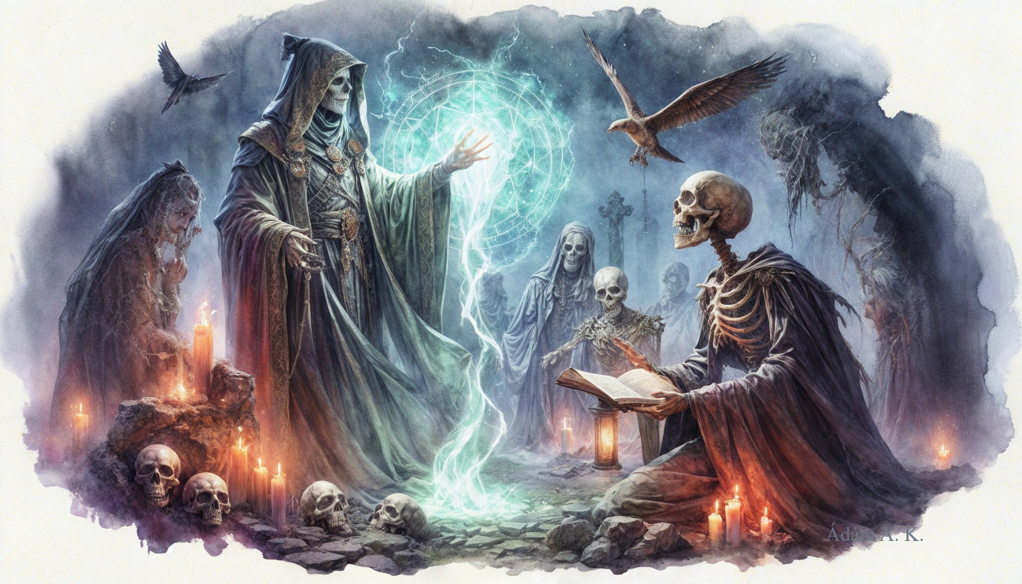 Ritual Scene with Skeletal Figures and Blue Energy