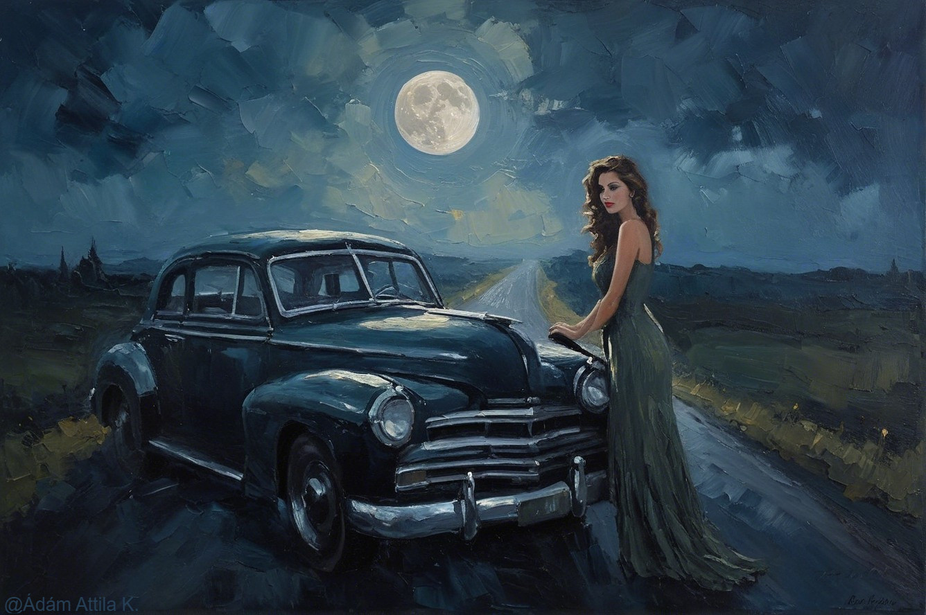 Vintage Scene with Classic Car and Moonlit Road
