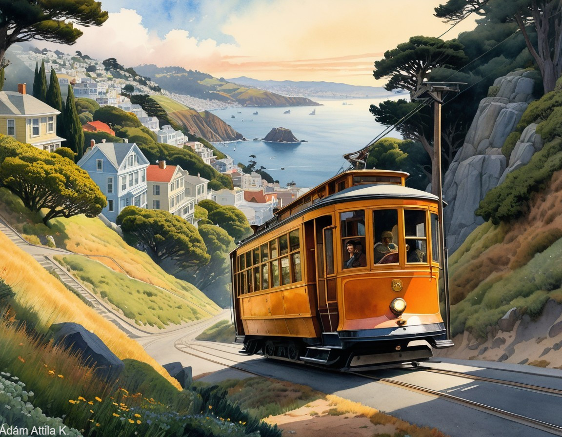 Charming Orange Tram in Scenic Coastal Landscape
