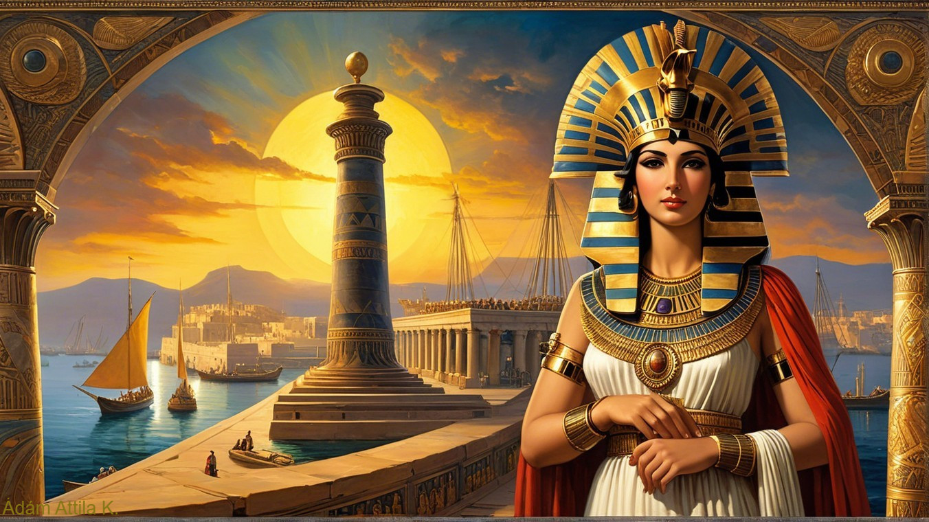 Ancient Egyptian Queen at Sunset by Bustling Harbor