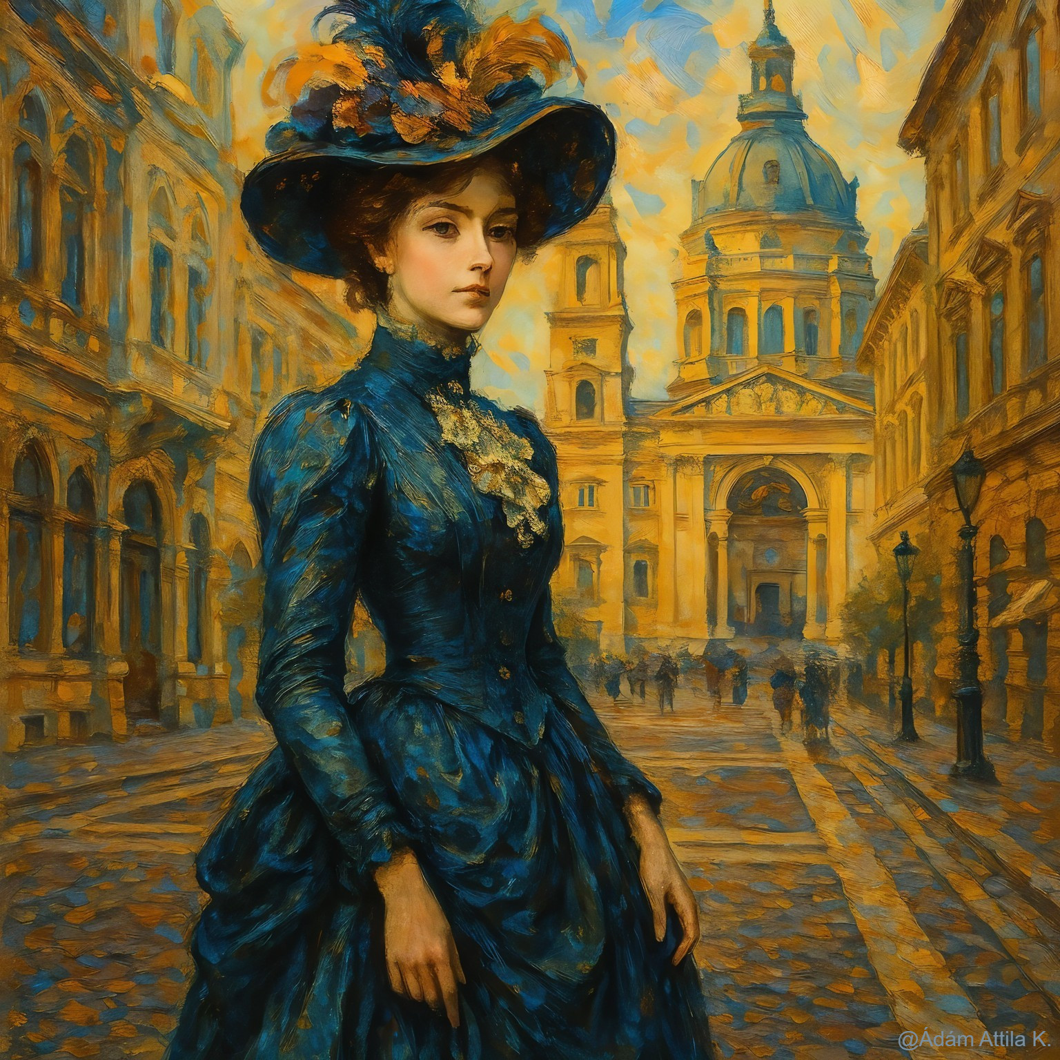 Elegant Woman in Blue Dress on Cobblestone Street