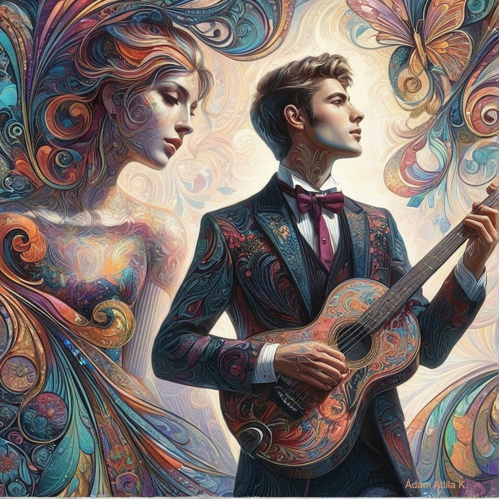 Artwork of a young man with guitar and floral gown