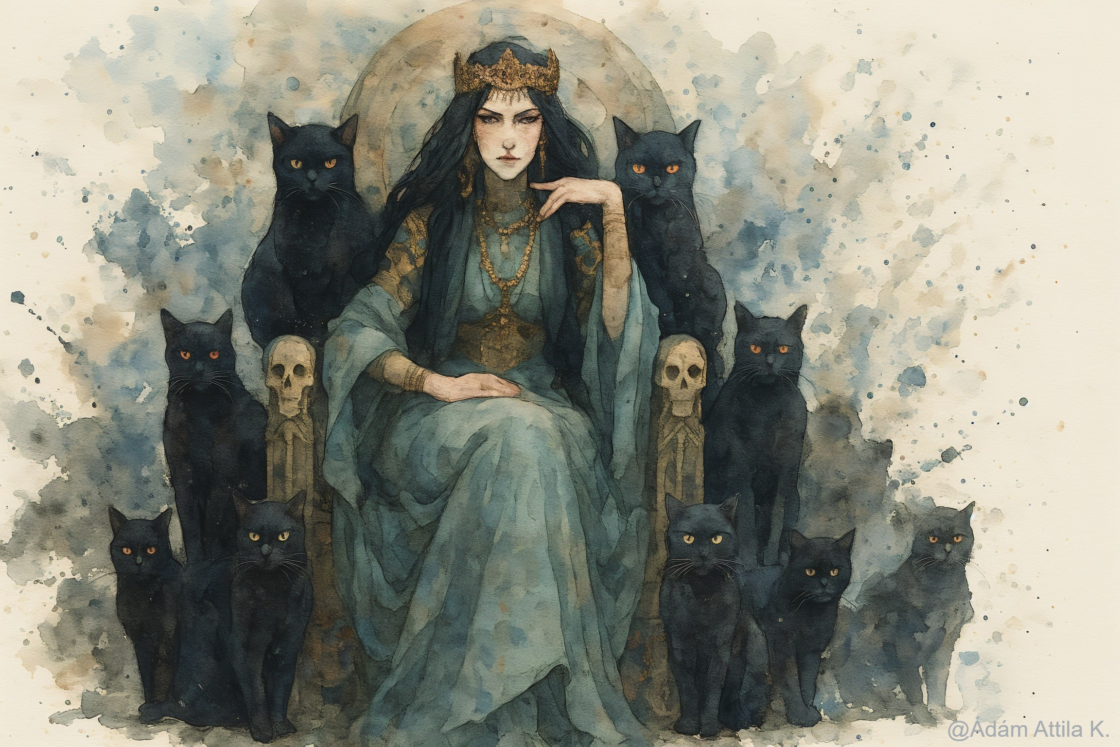 Regal figure on ornate throne with black cats and mist