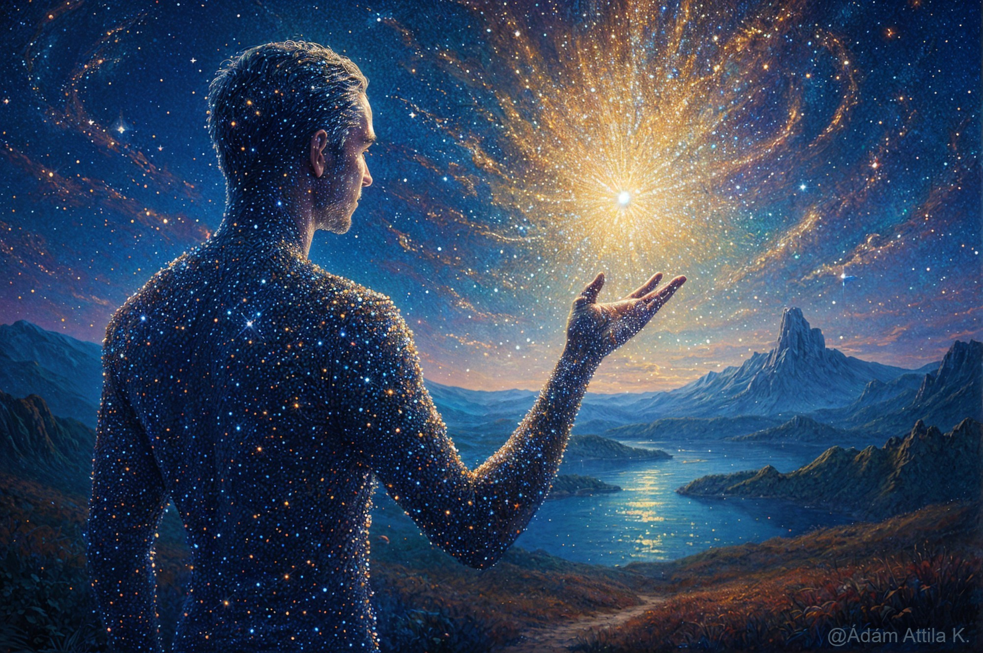 Cosmic Figure in Scenic Landscape with Starry Cosmos