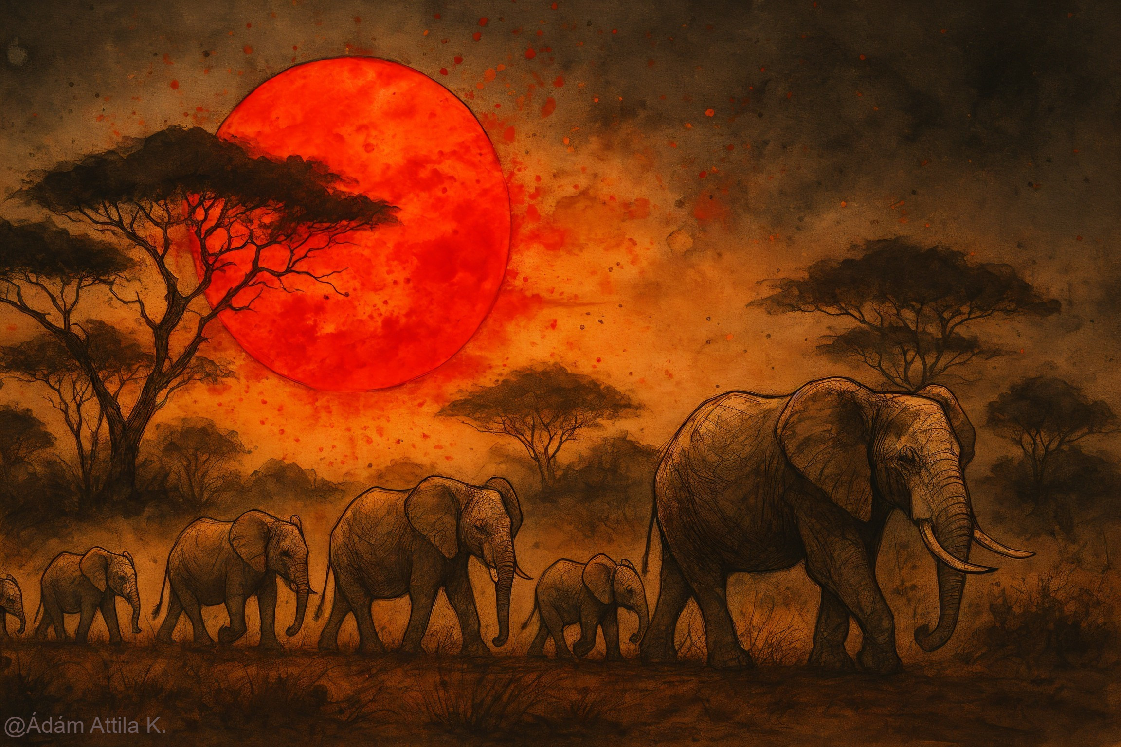 Sunset Over Savanna with Elephants and Acacia Trees