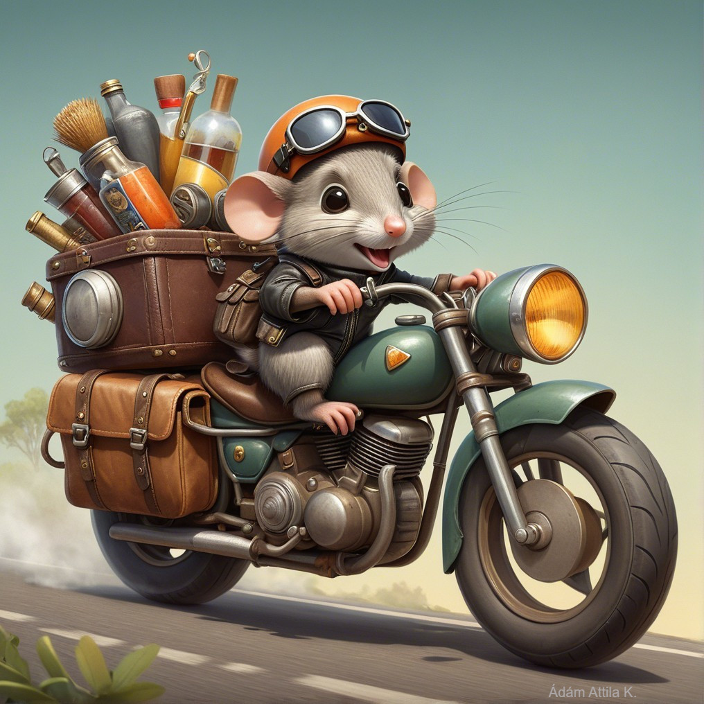 Cheerful Mouse on Vintage Motorcycle in Cartoon Scene