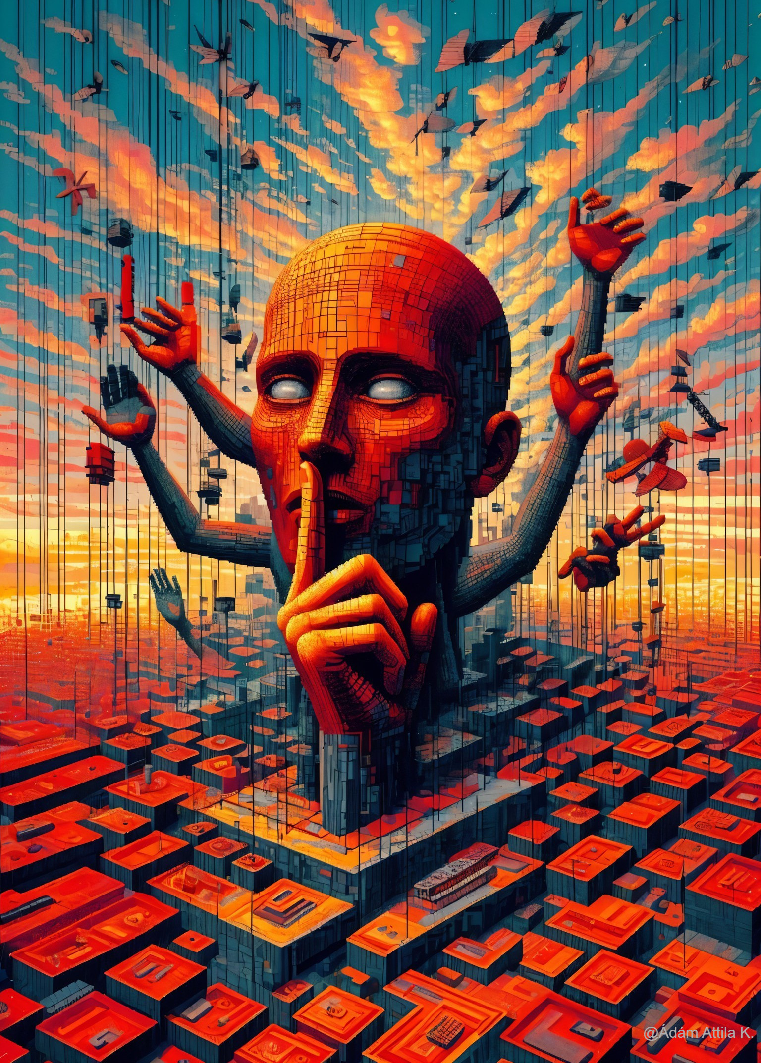 Surreal Scene with Abstract Head and Colorful Sky
