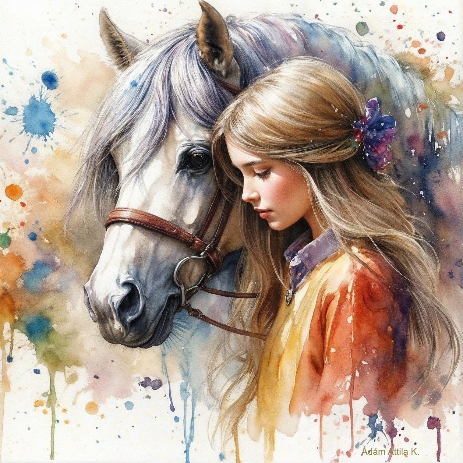 Watercolor Painting of a Girl with a White Horse