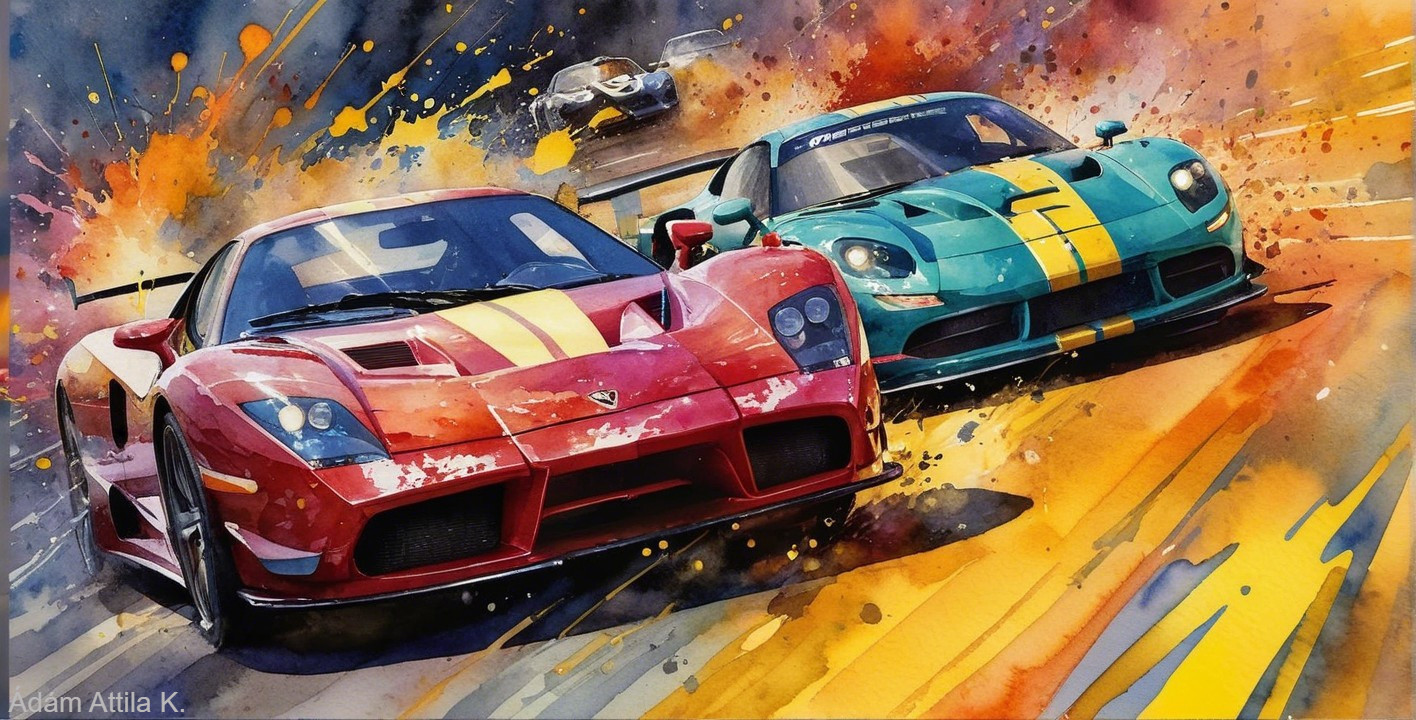 Vibrant Watercolor of Racing Cars in Motion