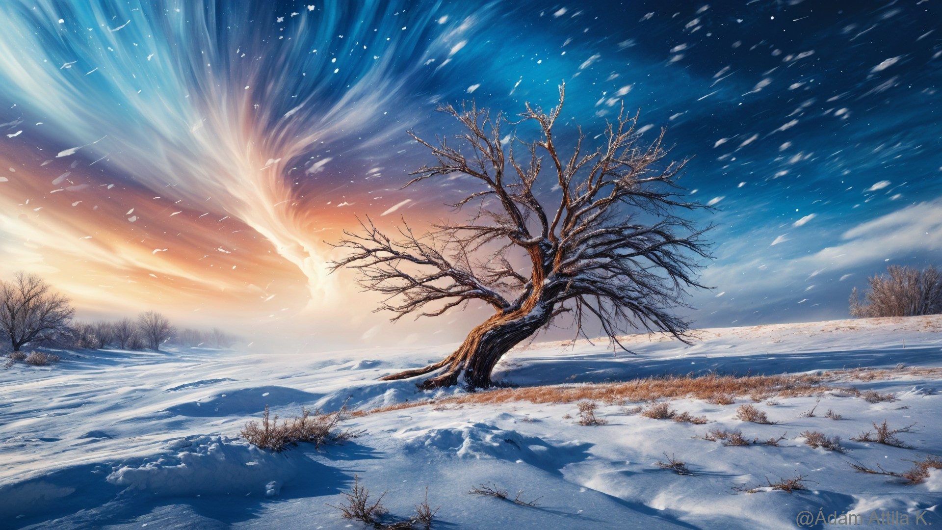 Solitary Tree in Snowy Landscape with Vibrant Sky