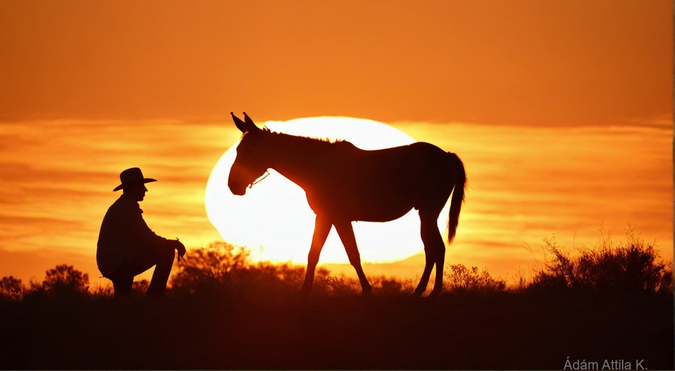 Serene sunset with a kneeling man and donkey silhouette