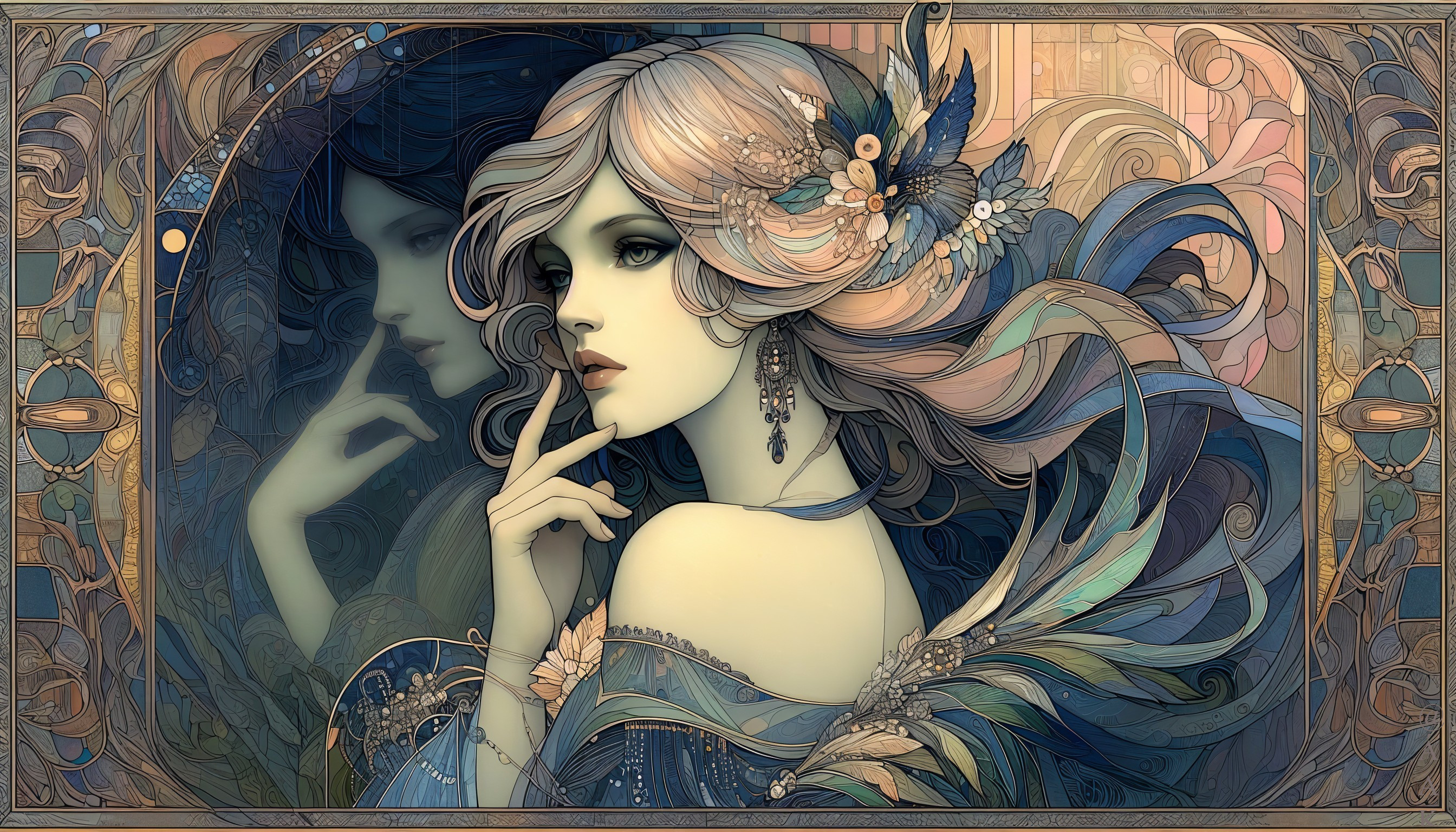 Elegant Woman with Flowing Hair and Floral Accents