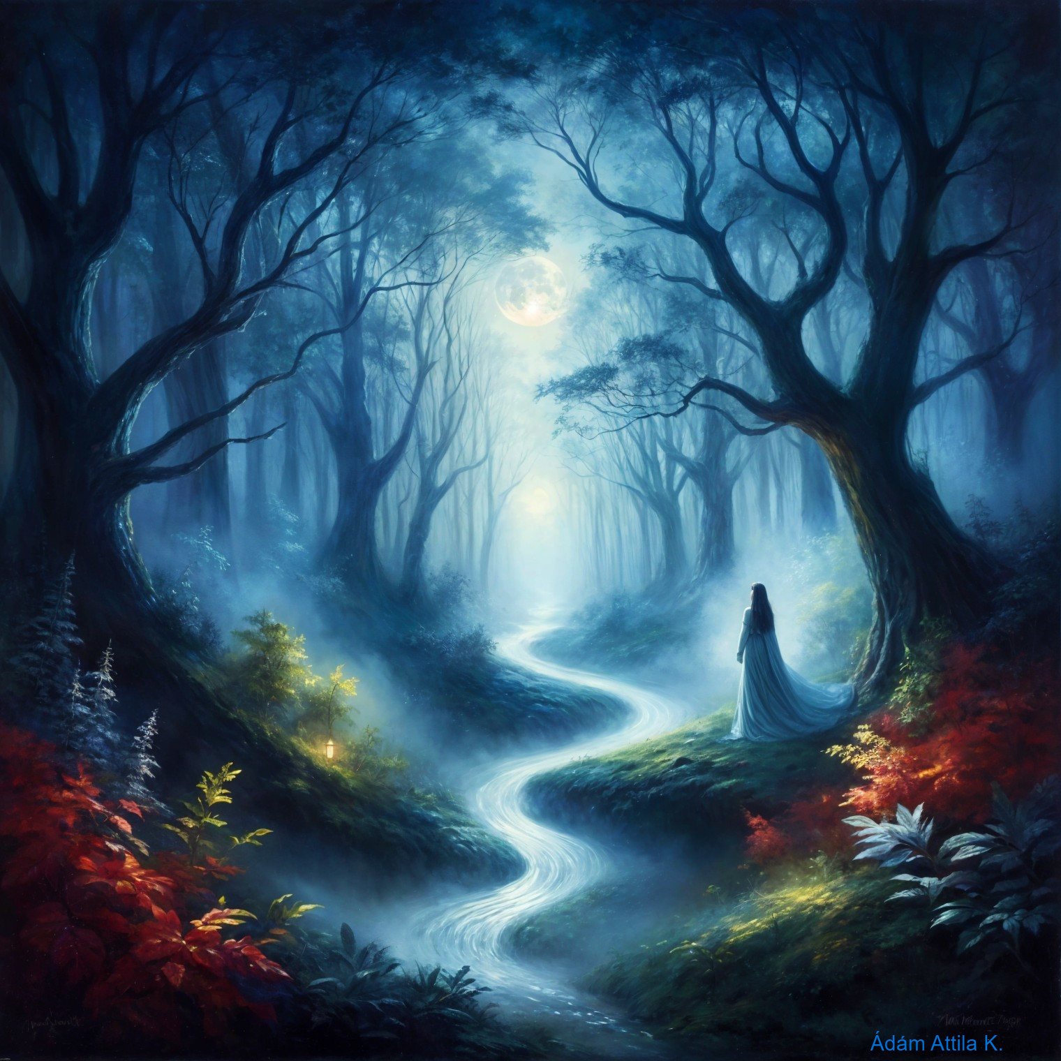 Mystical forest scene with ethereal trees and river