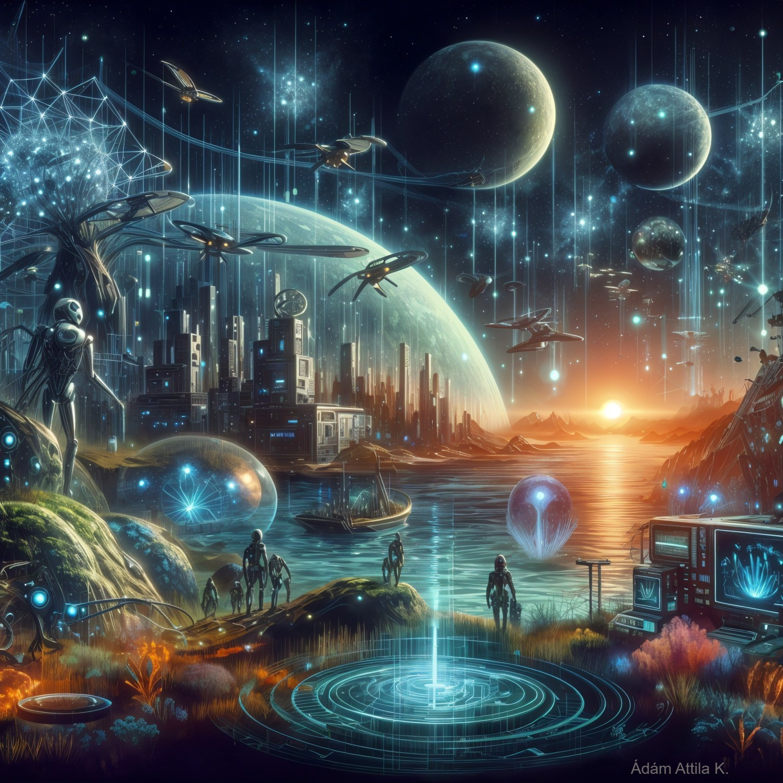 Futuristic cityscape in a vibrant cosmic landscape