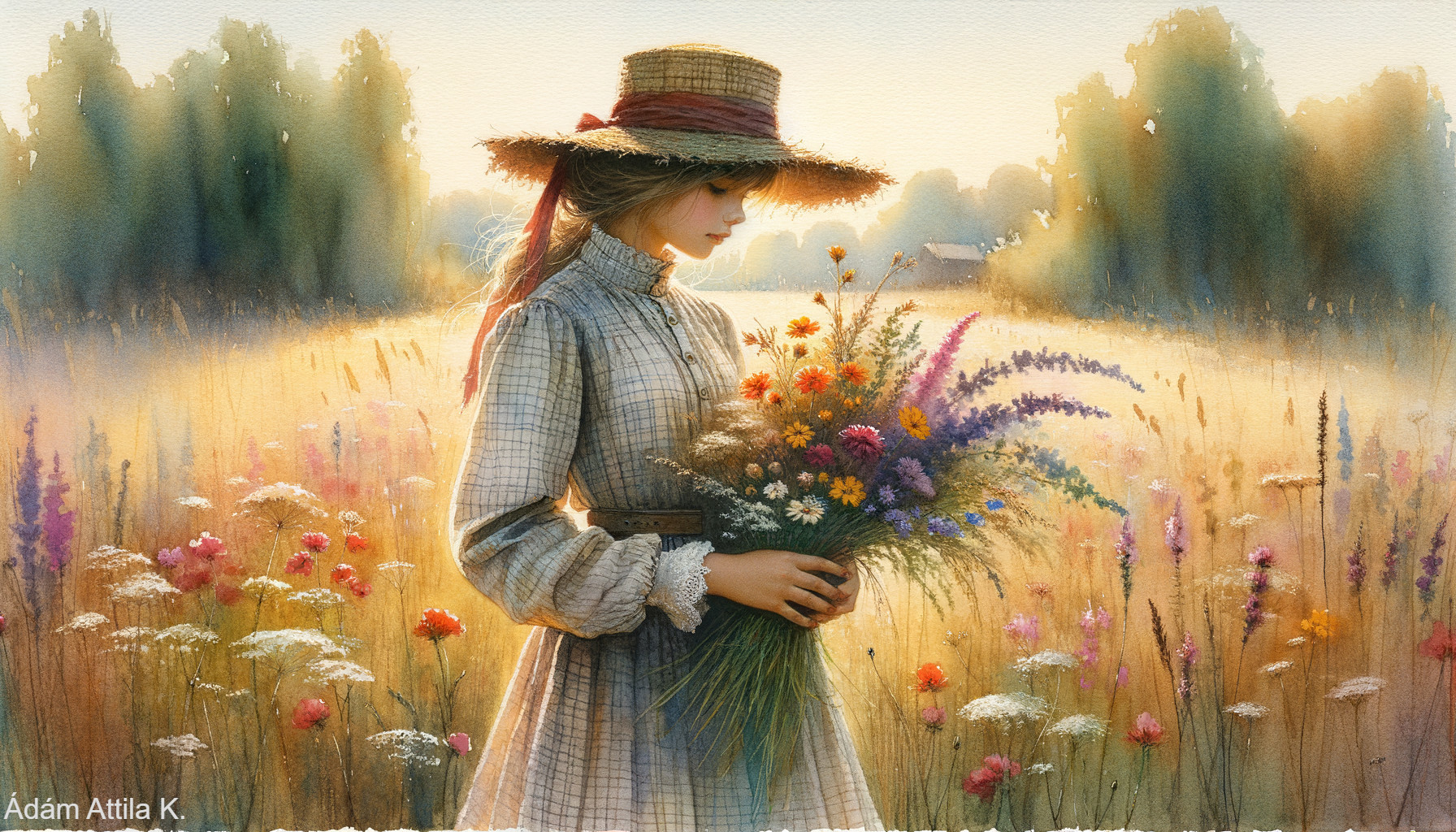 Young Woman in Vintage Dress in Sunlit Meadow