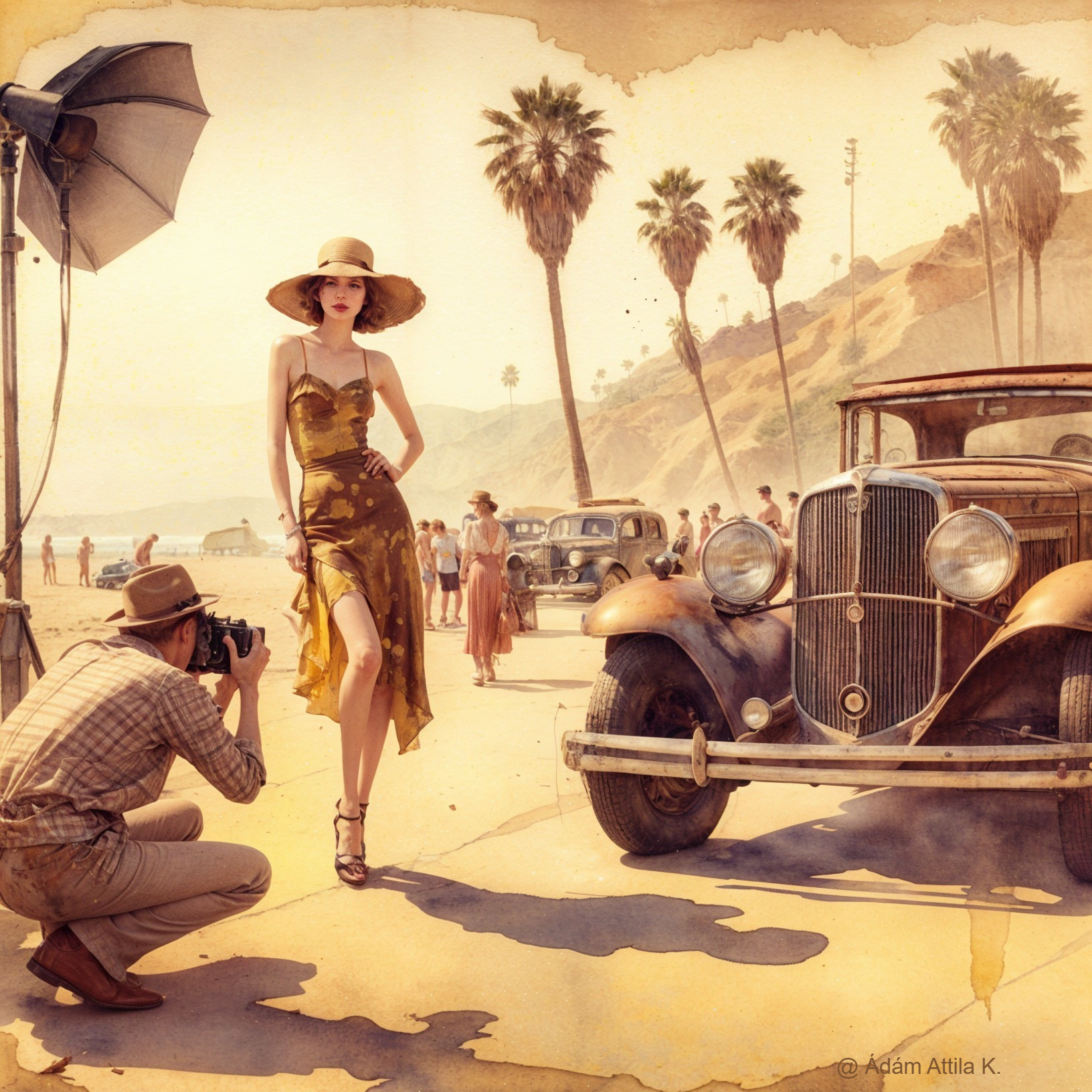 Glamorous Vintage Scene with Antique Car and Beach