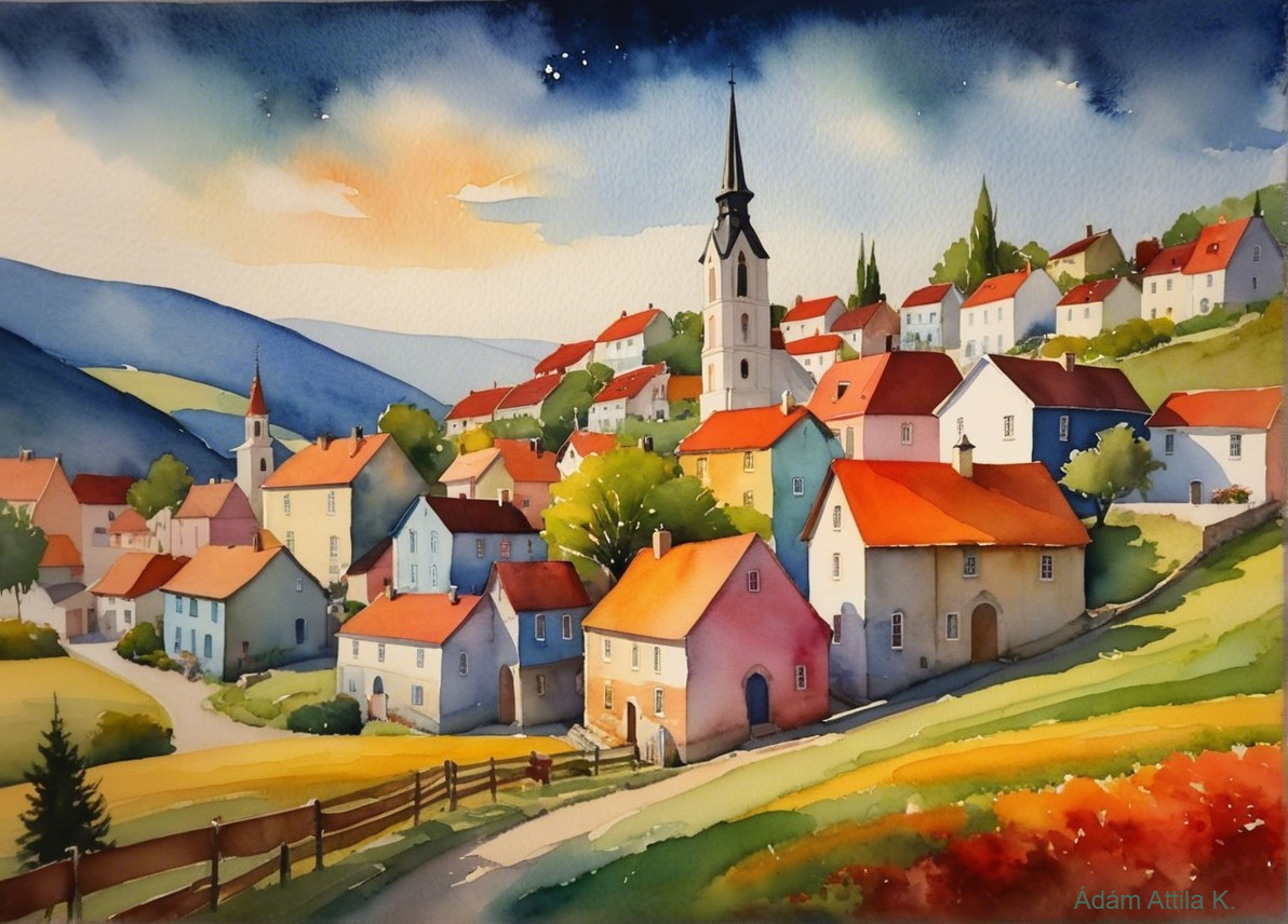 Charming Village Scene with Colorful Houses and Hills