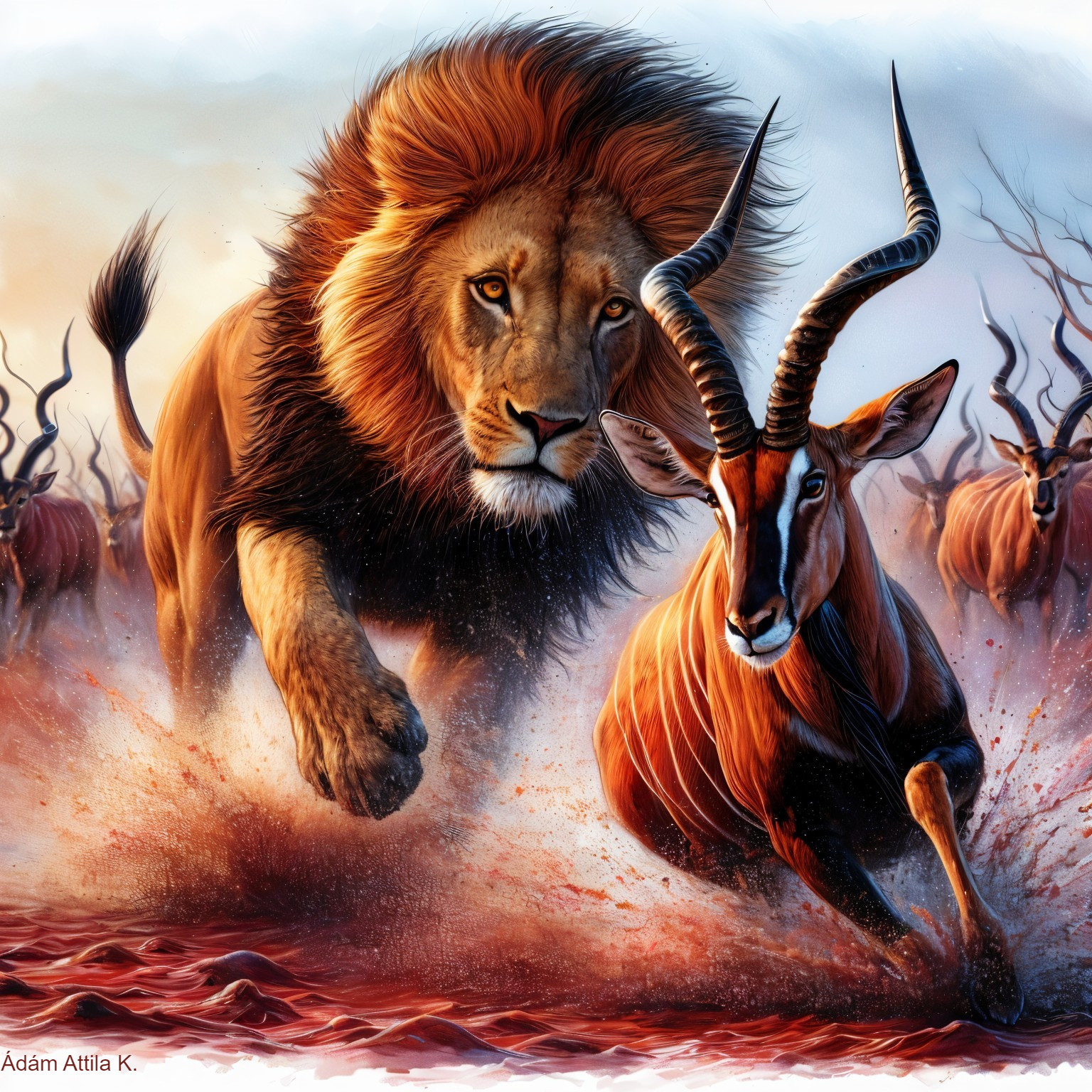 Lion Chasing Antelope on Dusty Savanna Scene