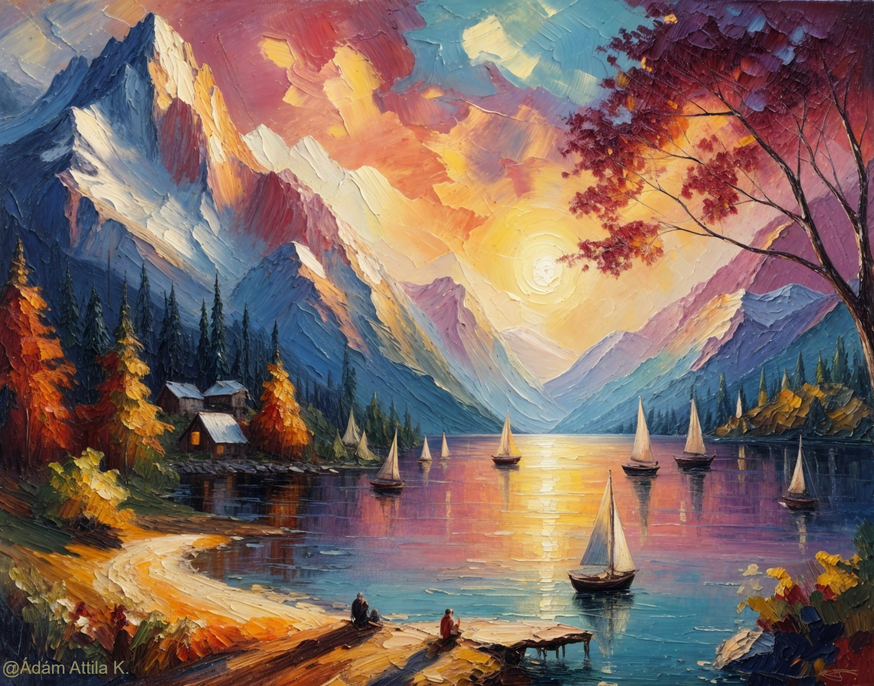 Vibrant Landscape of Lake and Mountains at Sunset