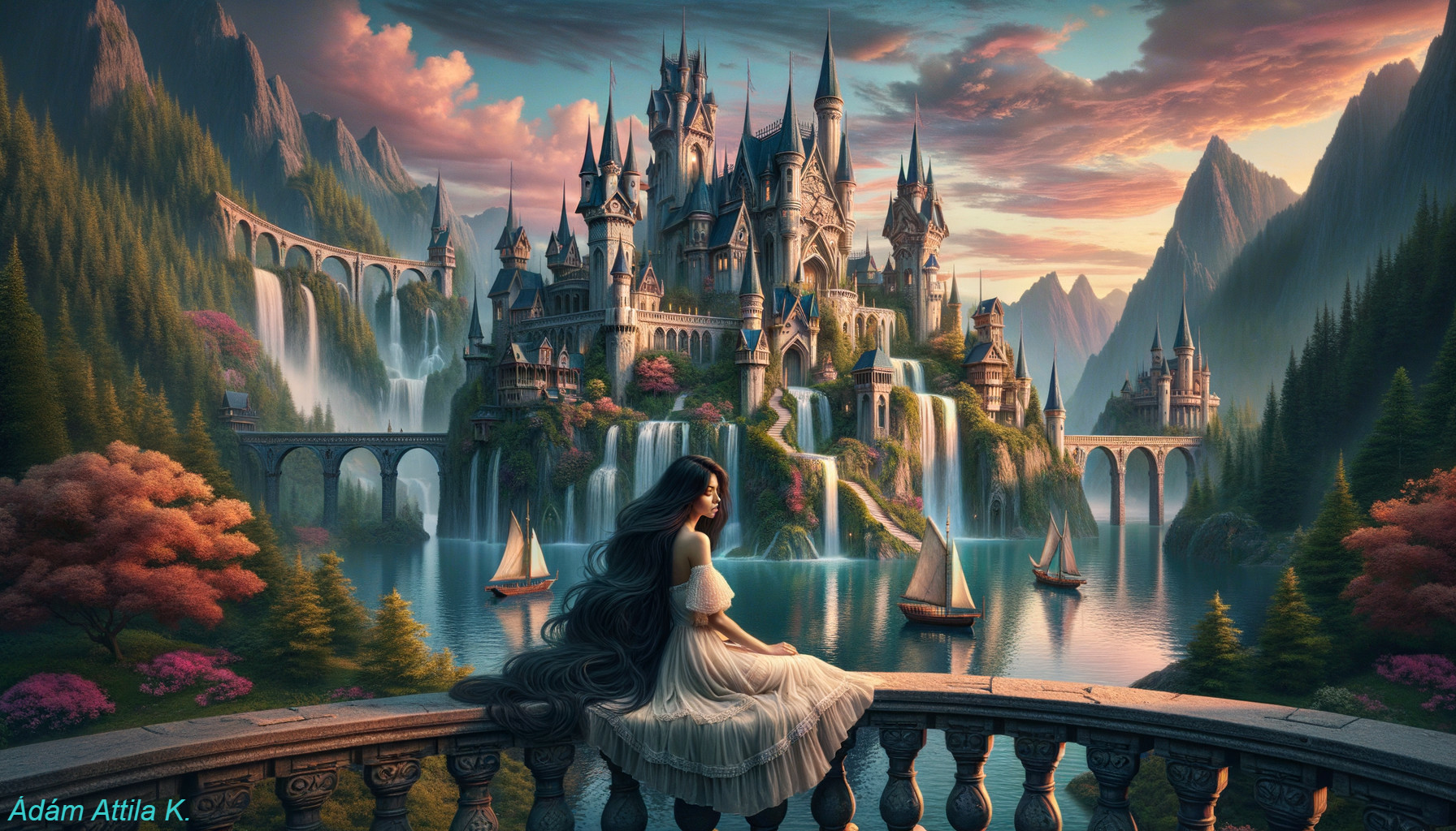 Majestic castle scene with mountains and tranquil lake