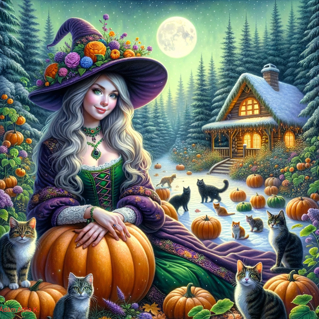 Enchanting Witch Scene with Pumpkins and Cats