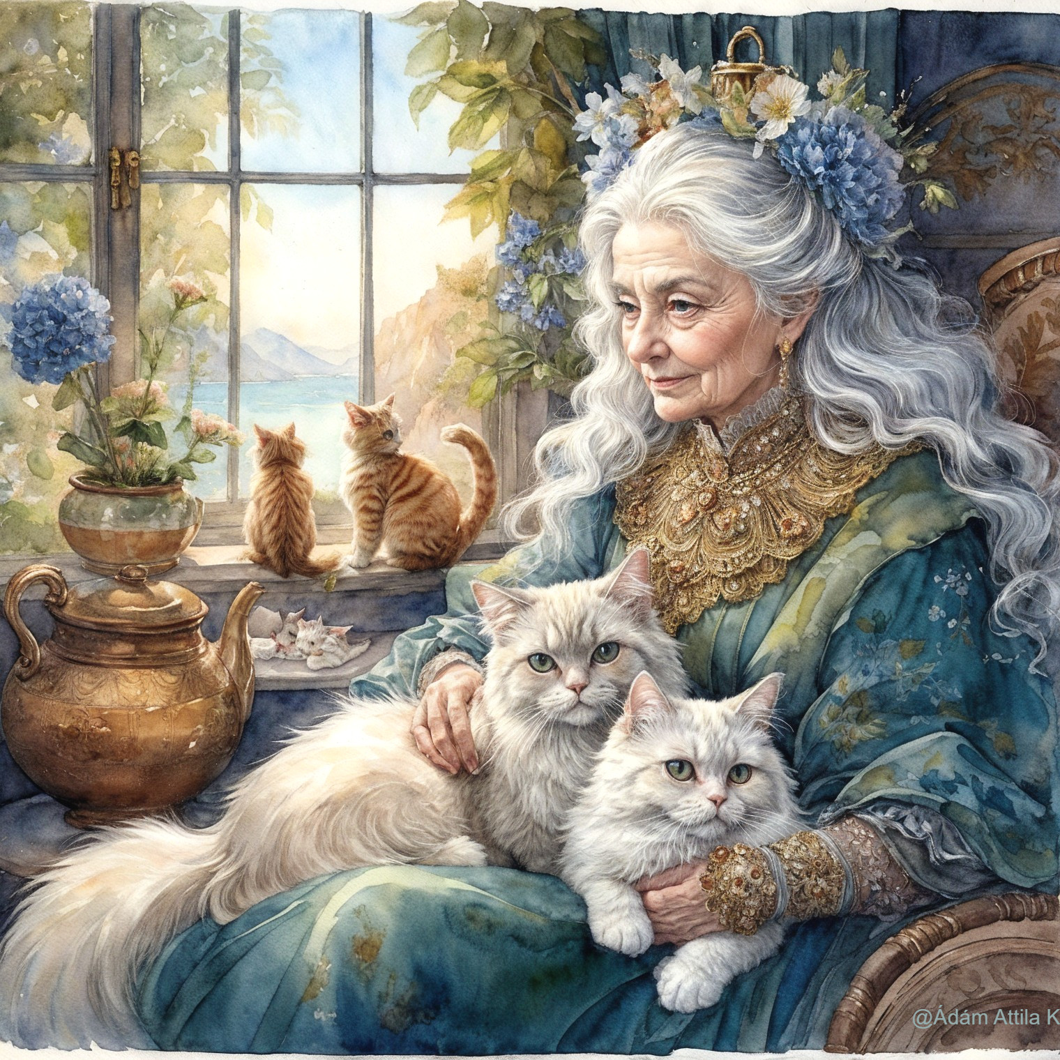 Elderly Woman with Cats in Sunlit Coastal Room