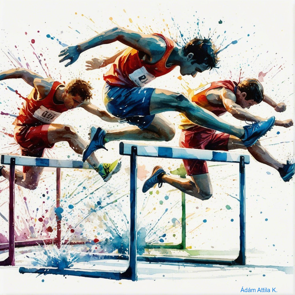 Watercolor Painting of Athletes Jumping Hurdles