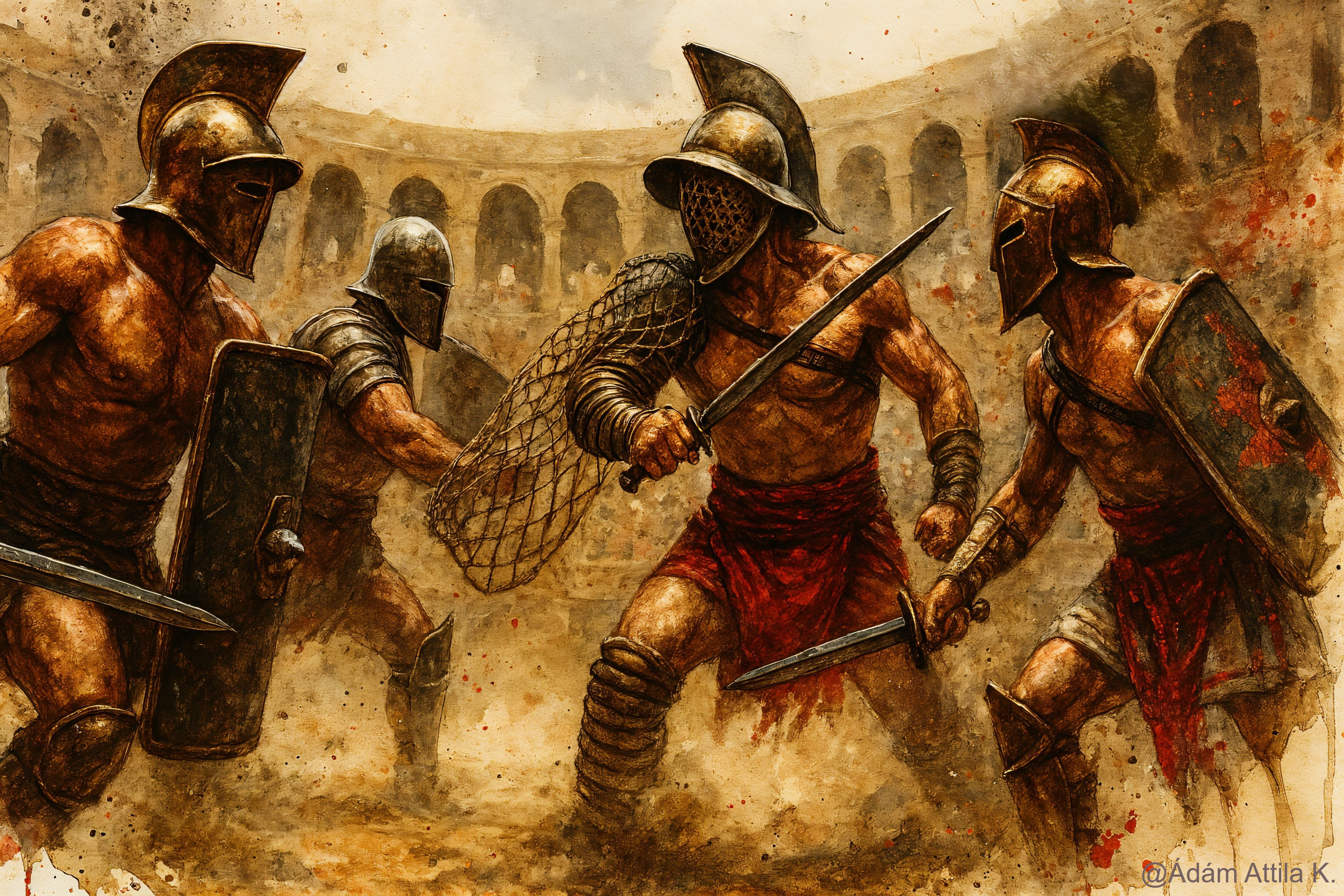 Gladiators in Combat within an Ancient Arena