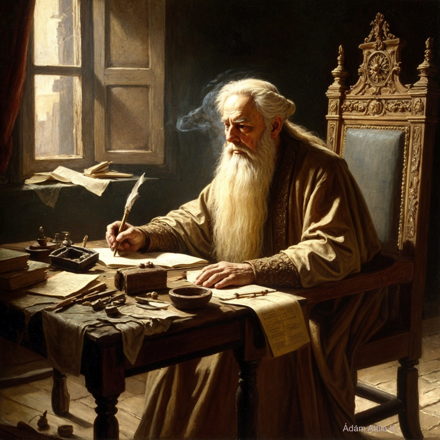 Elderly Scholar Writing in a Dimly Lit Room