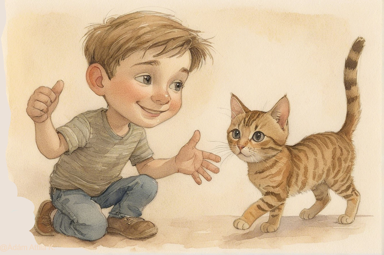 Young Boy Joyfully Interacting with a Tabby Kitten